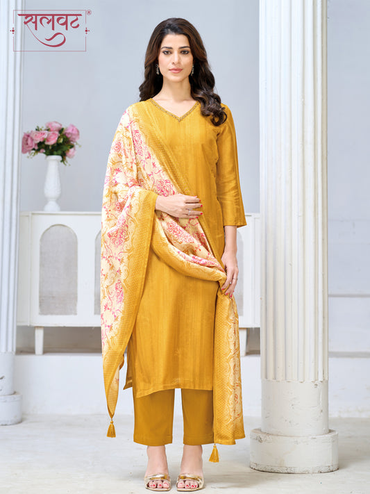 Mustard Yellow Viscose Kurta Set with Subtle Textured Weave, Paired with Solid Bottom and Printed Dupatta