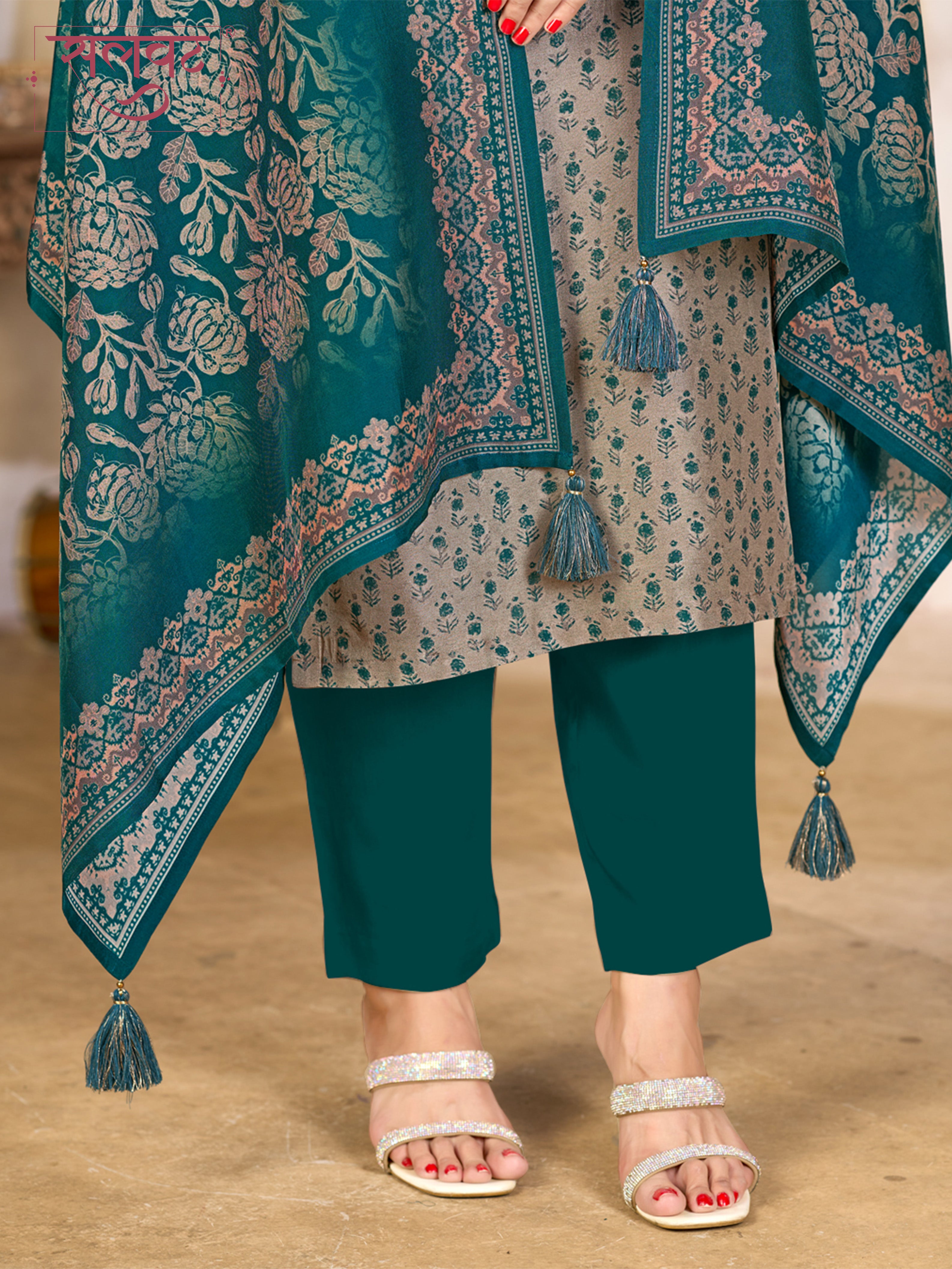 Teal Blue and Beige Viscose Kurta Set with All-Over Floral Print, Paired with Solid Bottom and Jacquard Woven Dupatta
