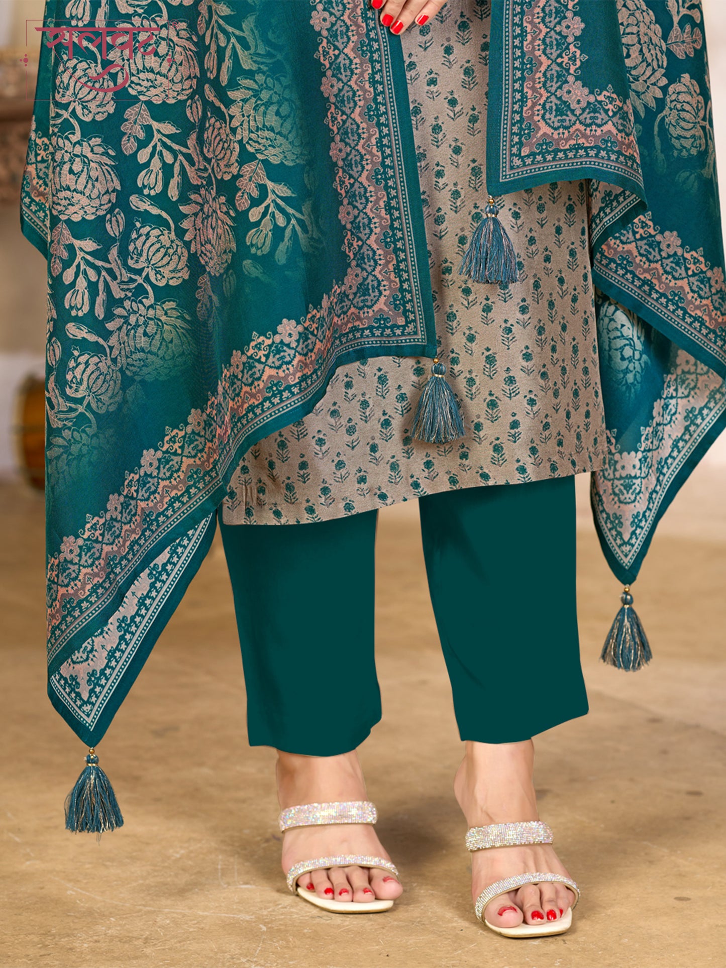 Teal Blue and Beige Viscose Kurta Set with All-Over Floral Print, Paired with Solid Bottom and Jacquard Woven Dupatta