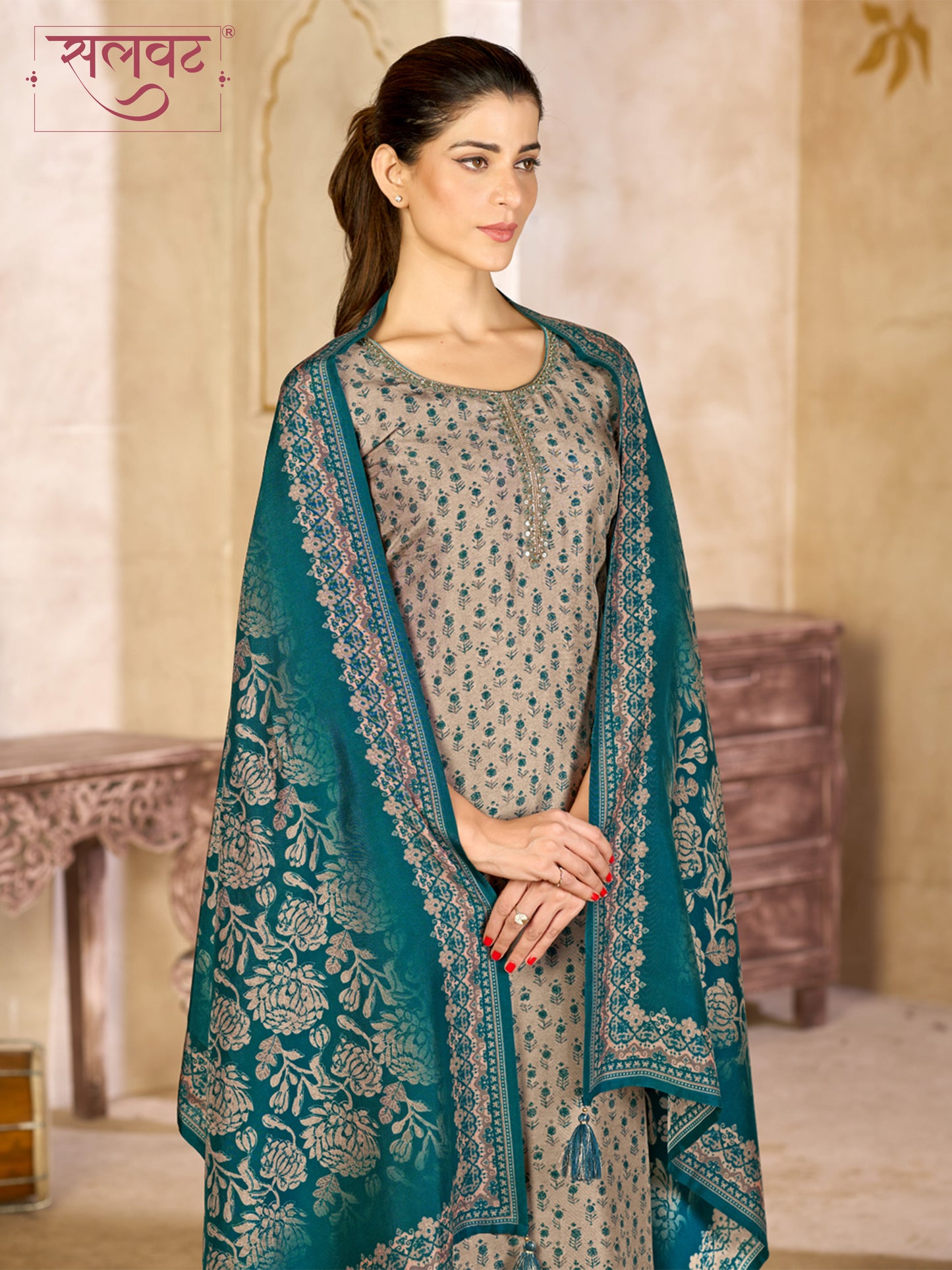Teal Blue and Beige Viscose Kurta Set with All-Over Floral Print, Paired with Solid Bottom and Jacquard Woven Dupatta