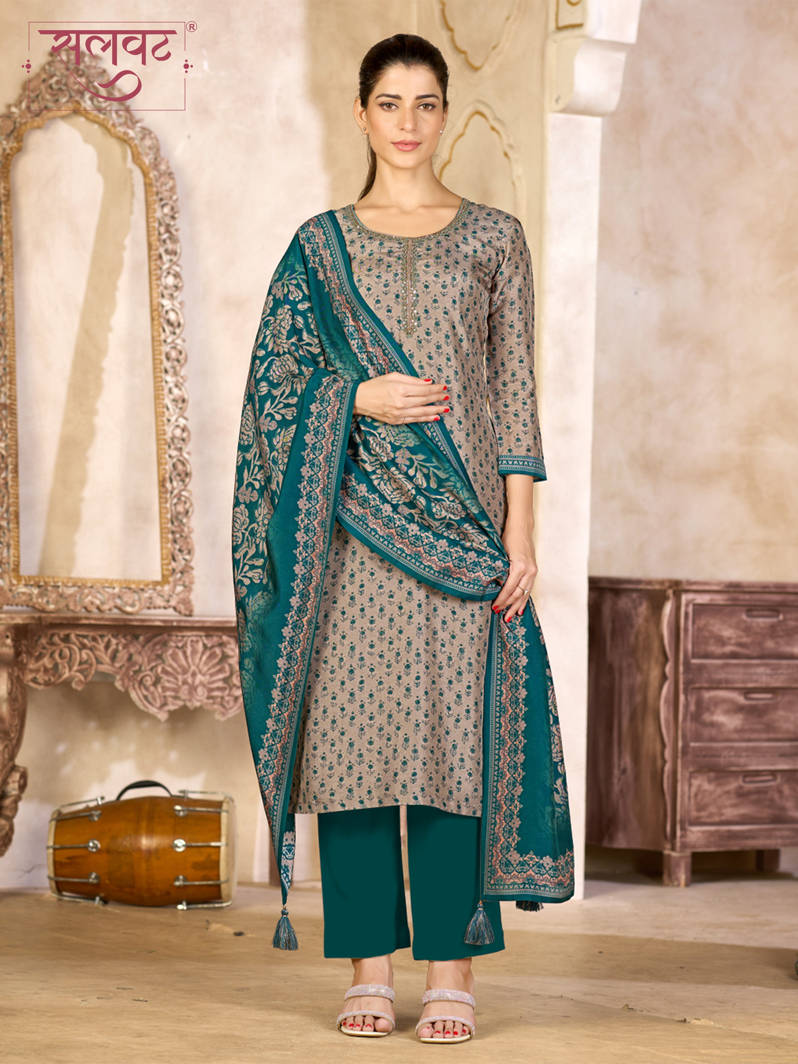 Teal Blue and Beige Viscose Kurta Set with All-Over Floral Print, Paired with Solid Bottom and Jacquard Woven Dupatta