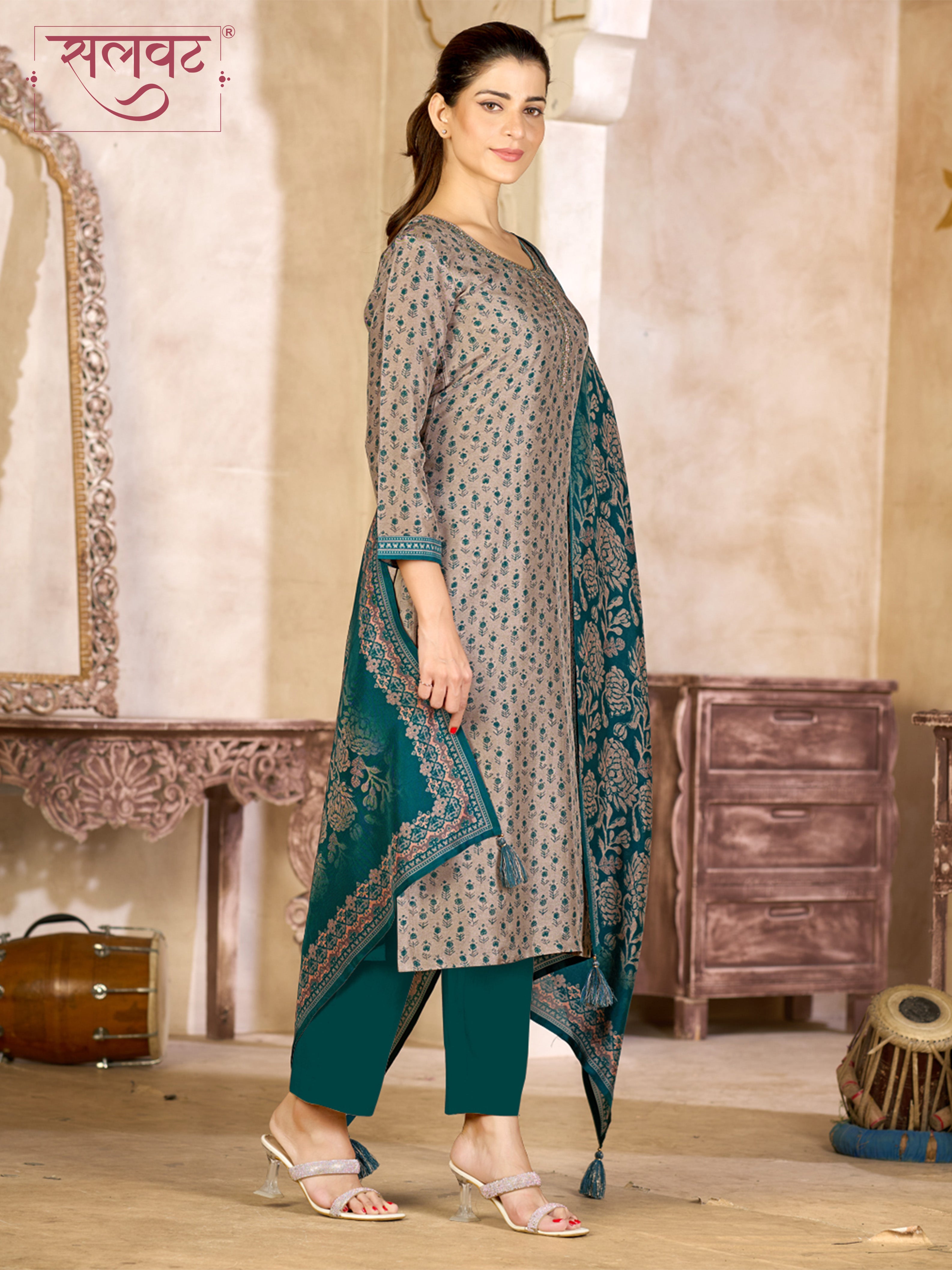Teal Blue and Beige Viscose Kurta Set with All-Over Floral Print, Paired with Solid Bottom and Jacquard Woven Dupatta