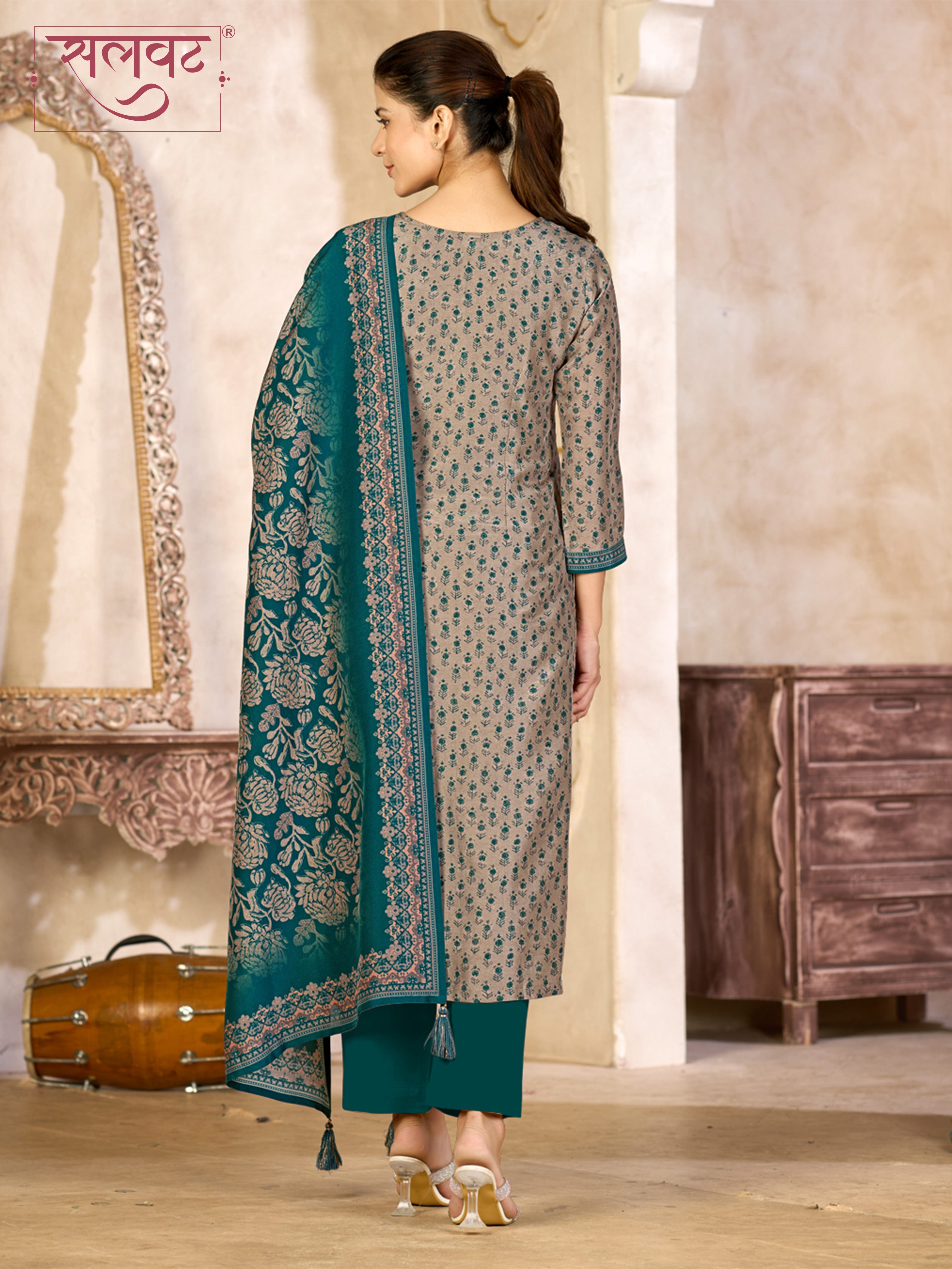 Teal Blue and Beige Viscose Kurta Set with All-Over Floral Print, Paired with Solid Bottom and Jacquard Woven Dupatta