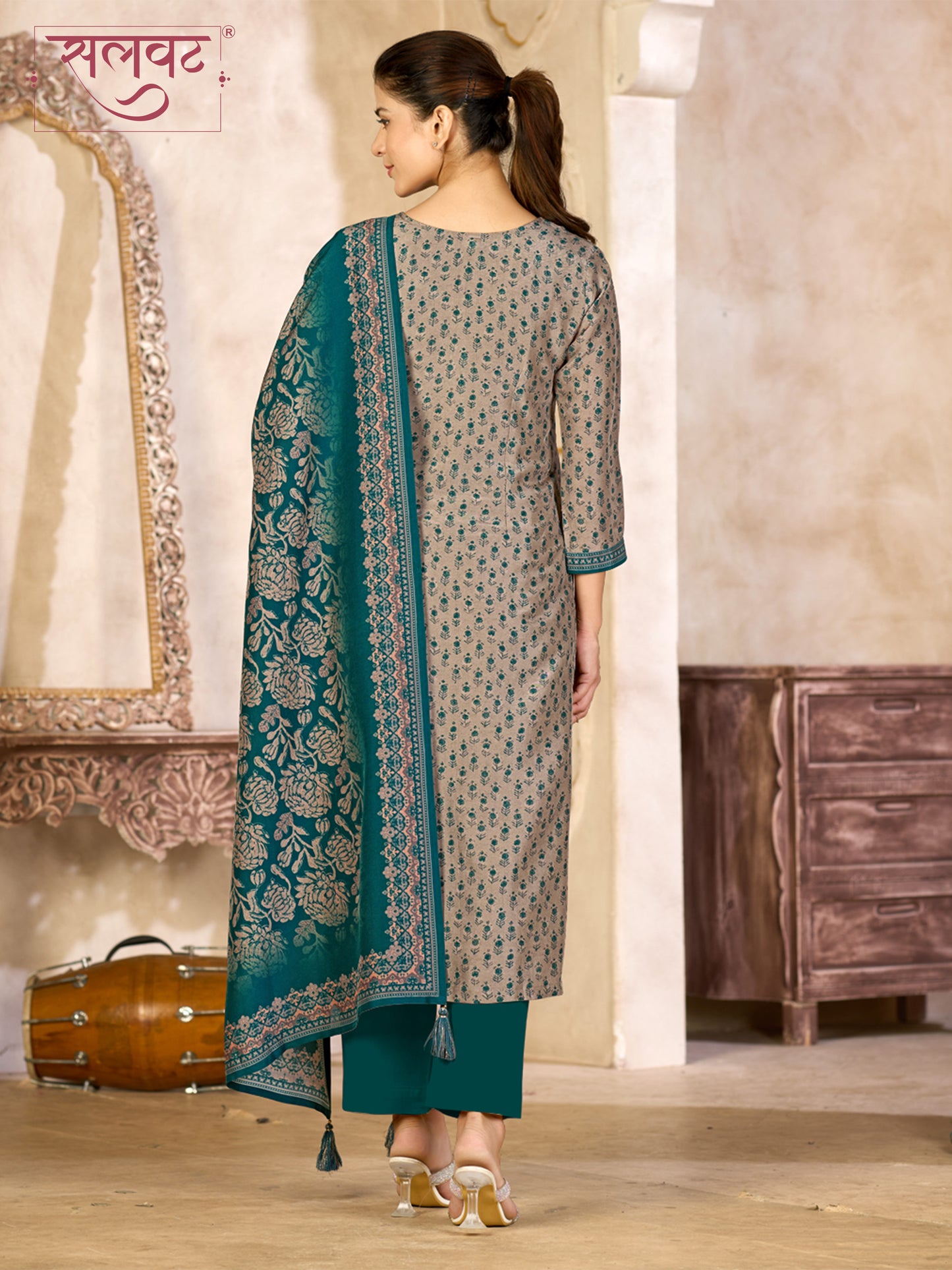 Teal Blue and Beige Viscose Kurta Set with All-Over Floral Print, Paired with Solid Bottom and Jacquard Woven Dupatta