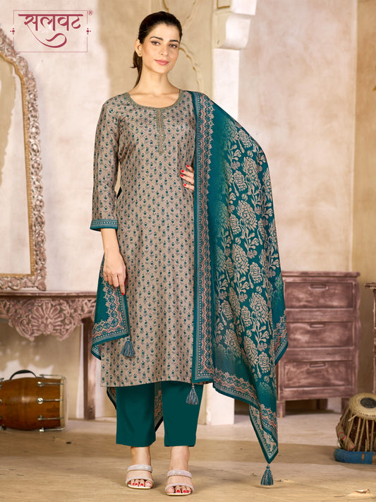 Teal Blue and Beige Viscose Kurta Set with All-Over Floral Print, Paired with Solid Bottom and Jacquard Woven Dupatta