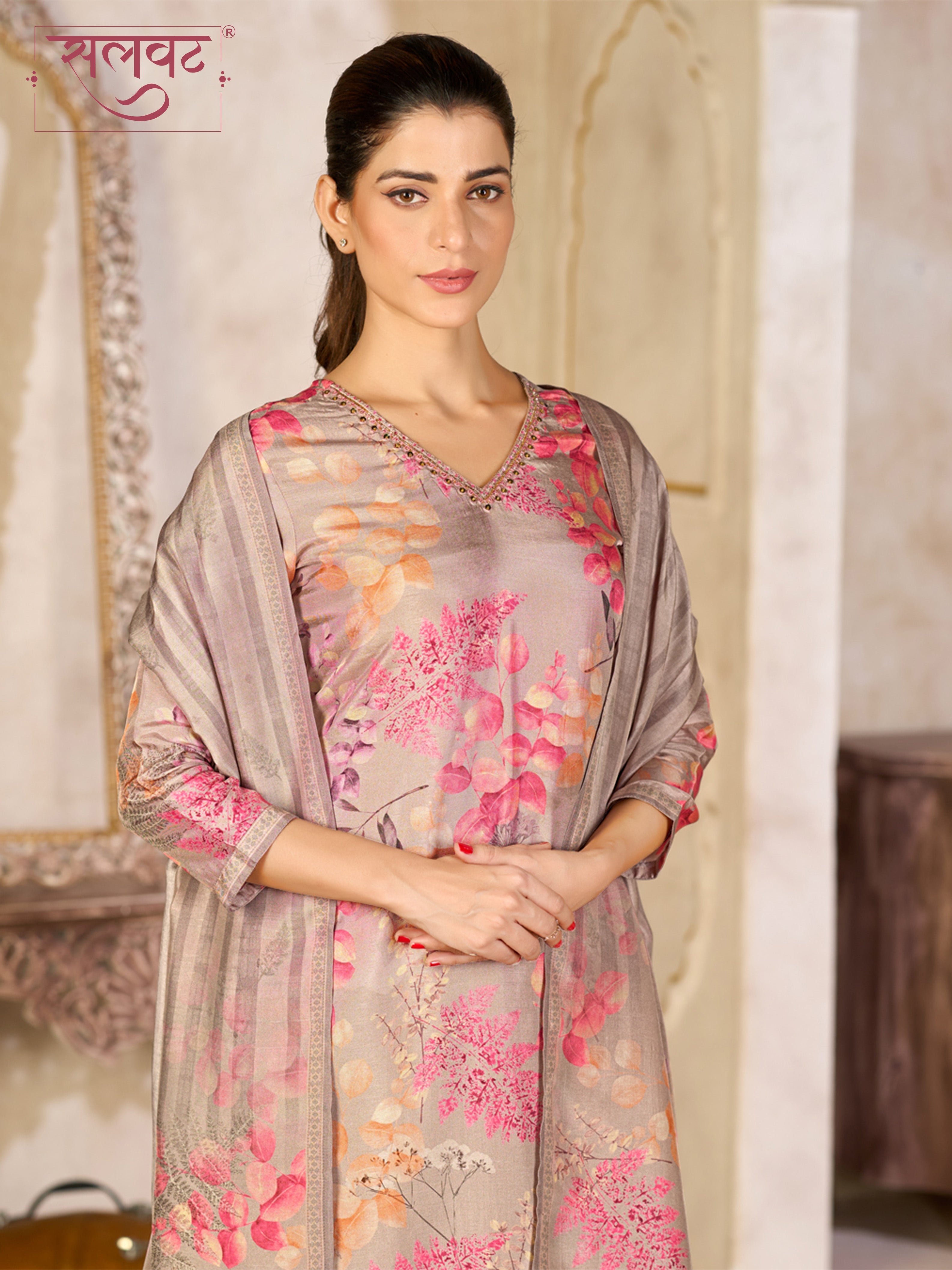 Beige Viscose Kurta Set with Pink Floral Print, Paired with Solid Bottom and Striped Printed Dupatta