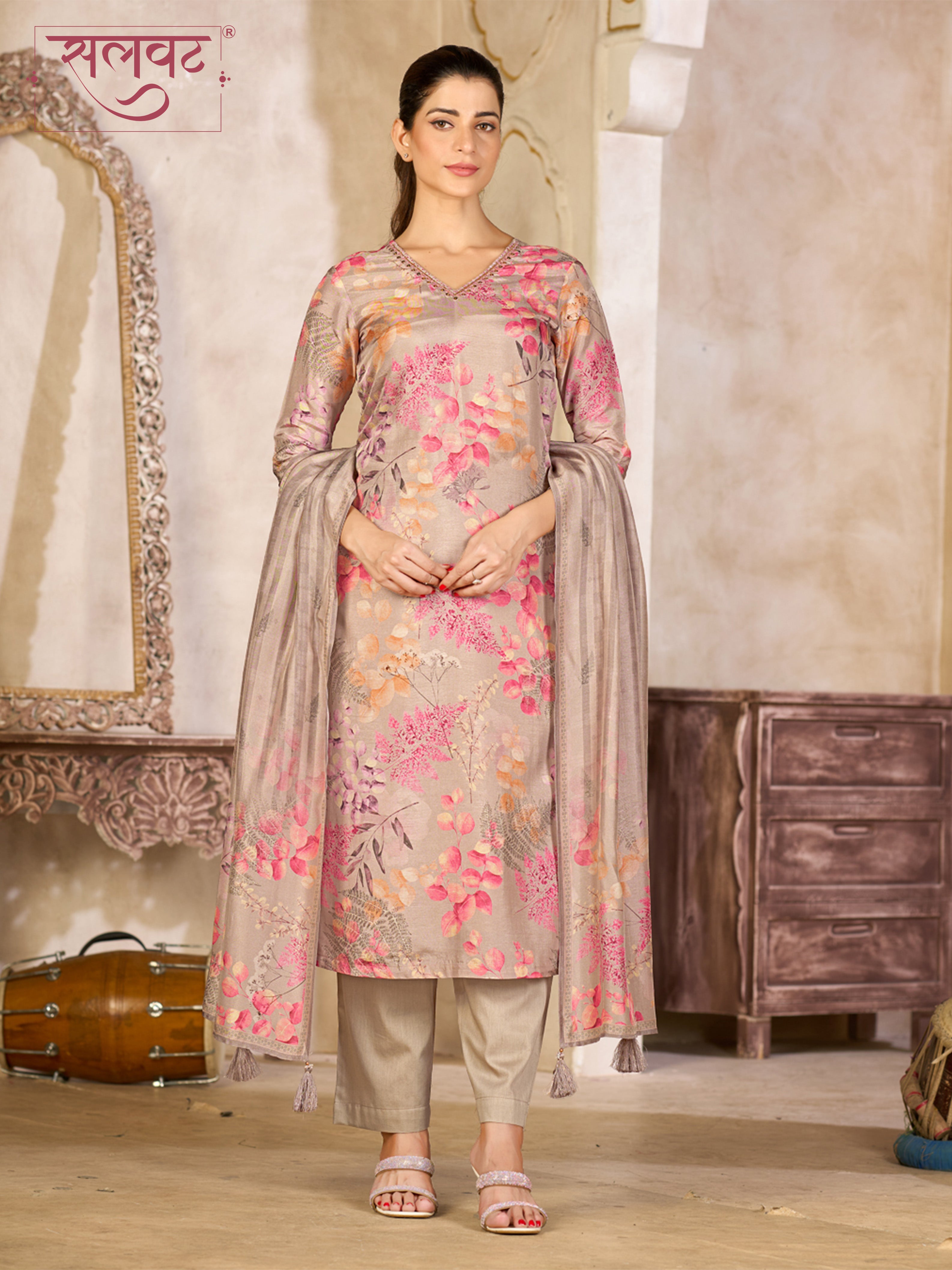 Beige Viscose Kurta Set with Pink Floral Print, Paired with Solid Bottom and Striped Printed Dupatta