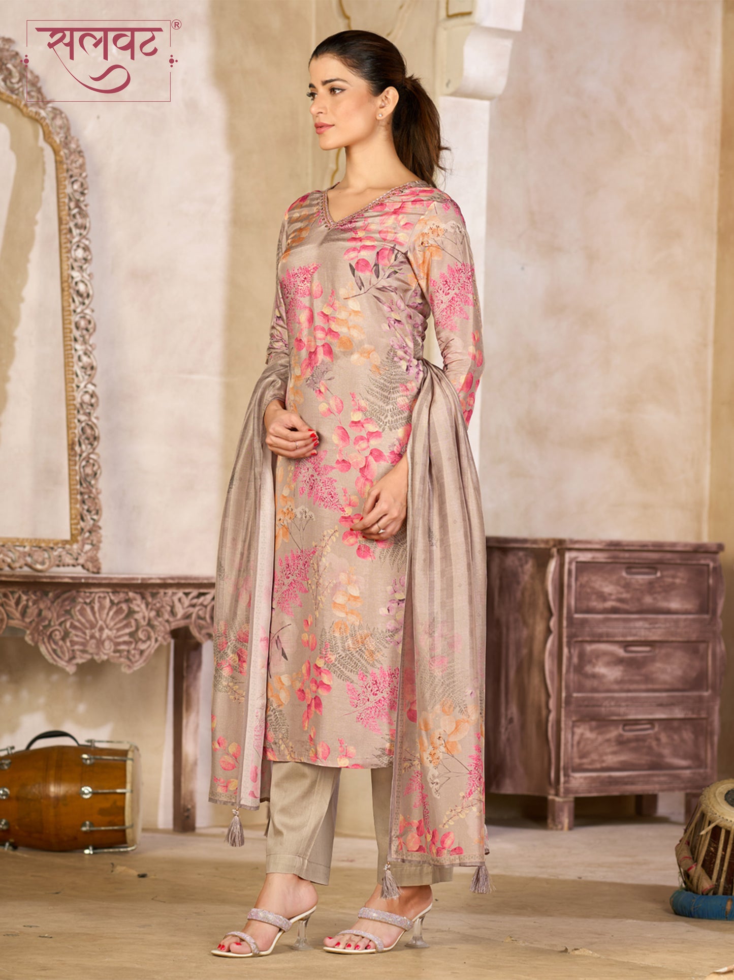 Beige Viscose Kurta Set with Pink Floral Print, Paired with Solid Bottom and Striped Printed Dupatta