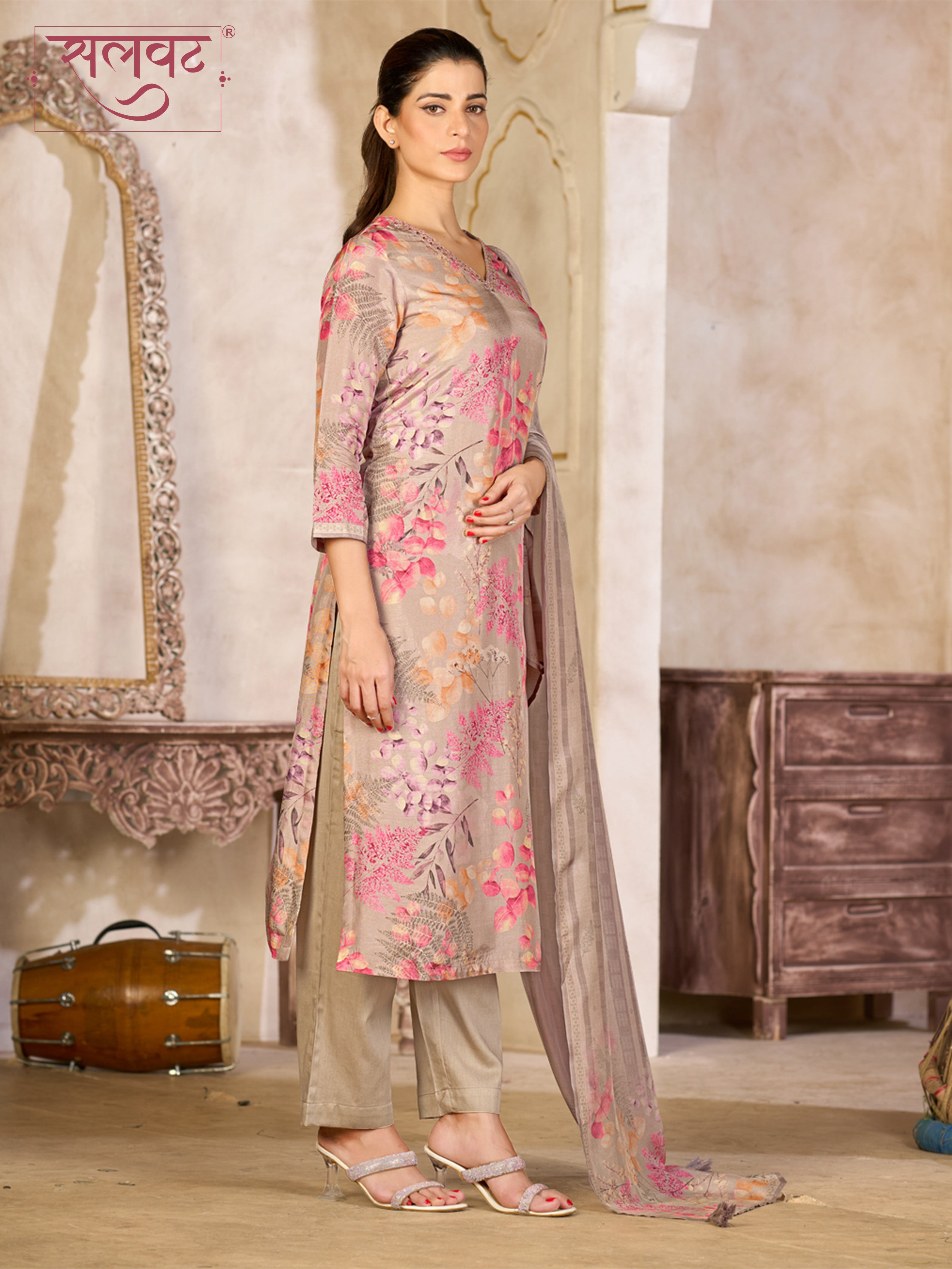 Beige Viscose Kurta Set with Pink Floral Print, Paired with Solid Bottom and Striped Printed Dupatta