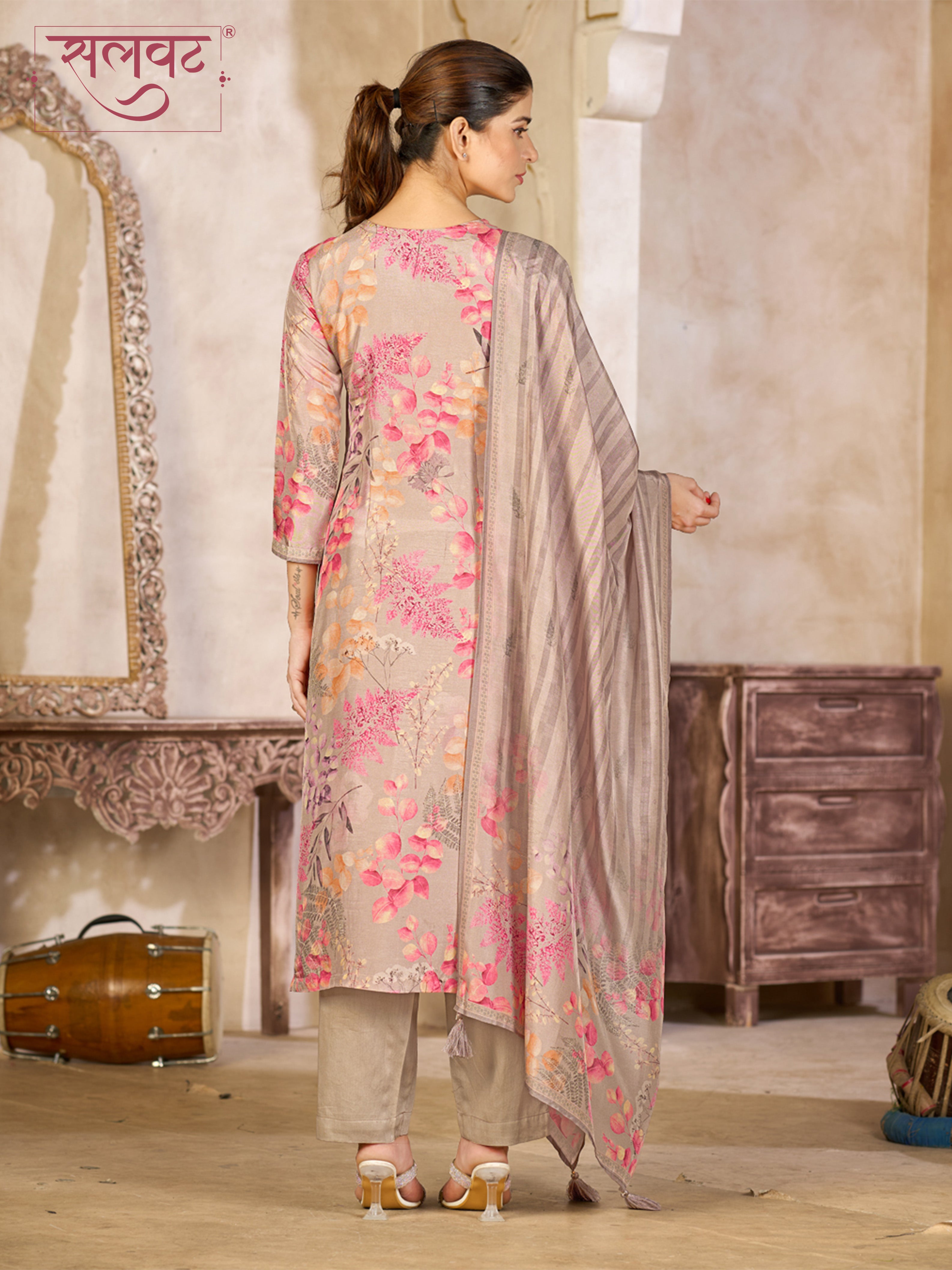Beige Viscose Kurta Set with Pink Floral Print, Paired with Solid Bottom and Striped Printed Dupatta