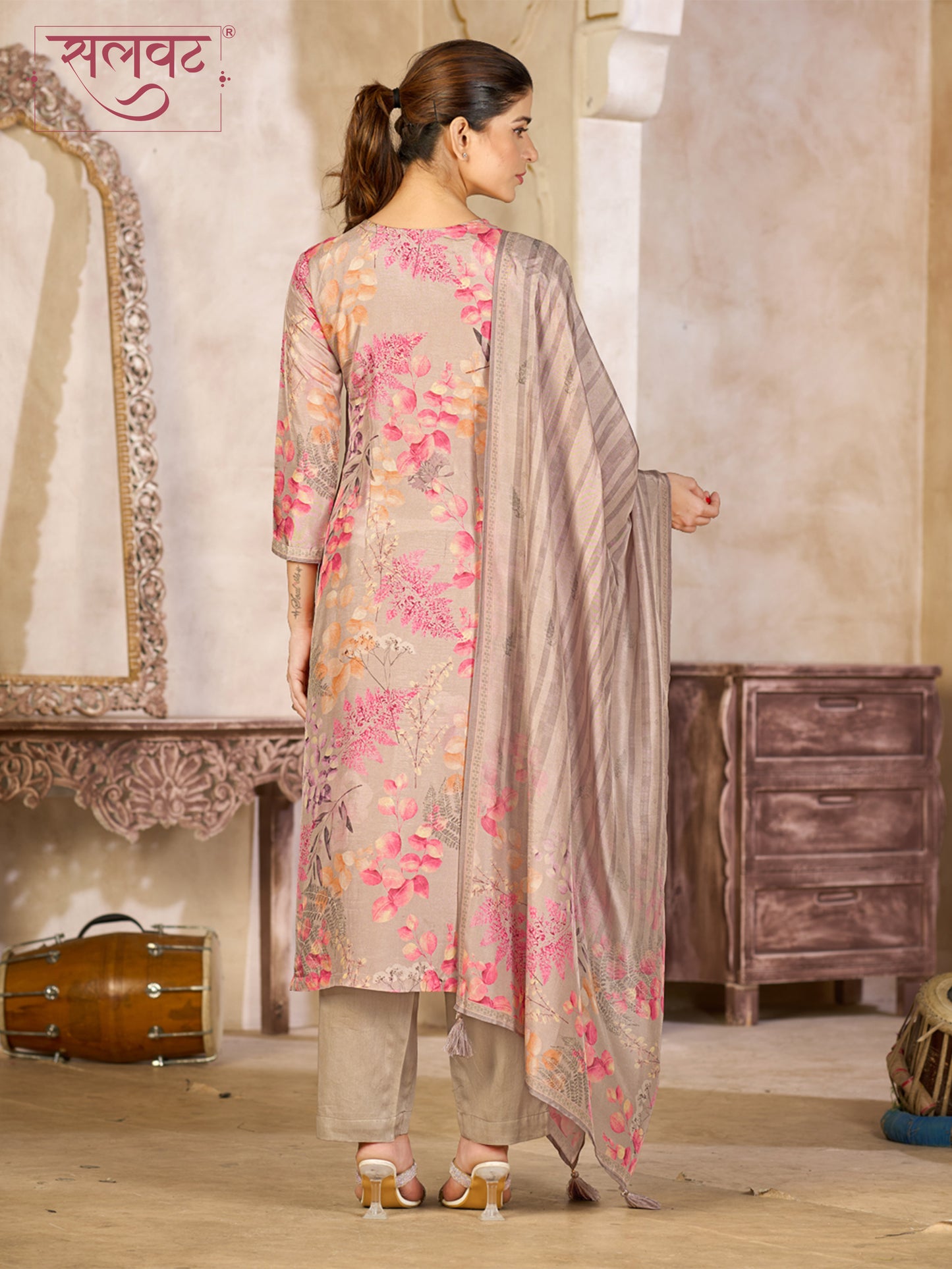 Beige Viscose Kurta Set with Pink Floral Print, Paired with Solid Bottom and Striped Printed Dupatta