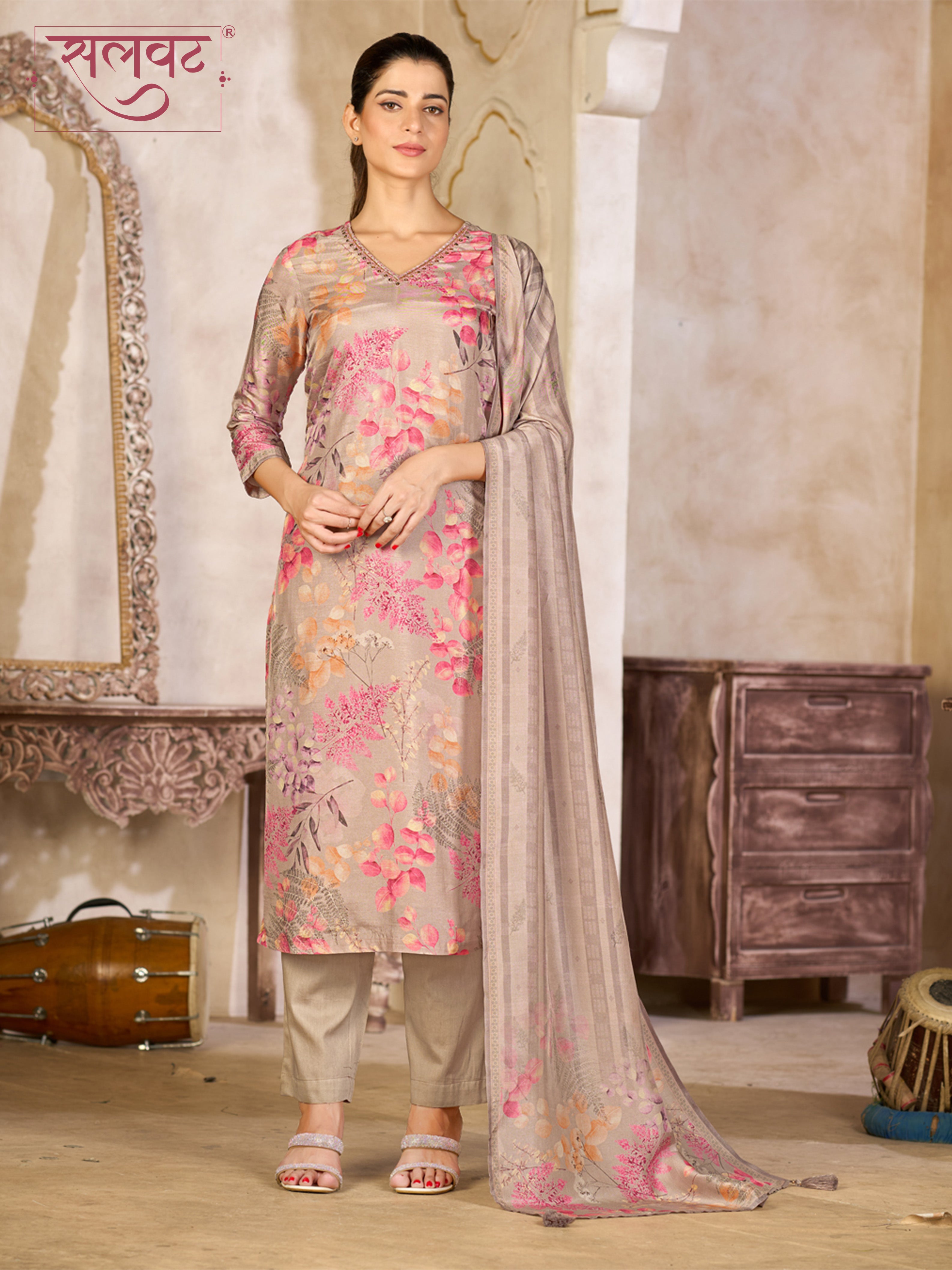 Beige Viscose Kurta Set with Pink Floral Print, Paired with Solid Bottom and Striped Printed Dupatta