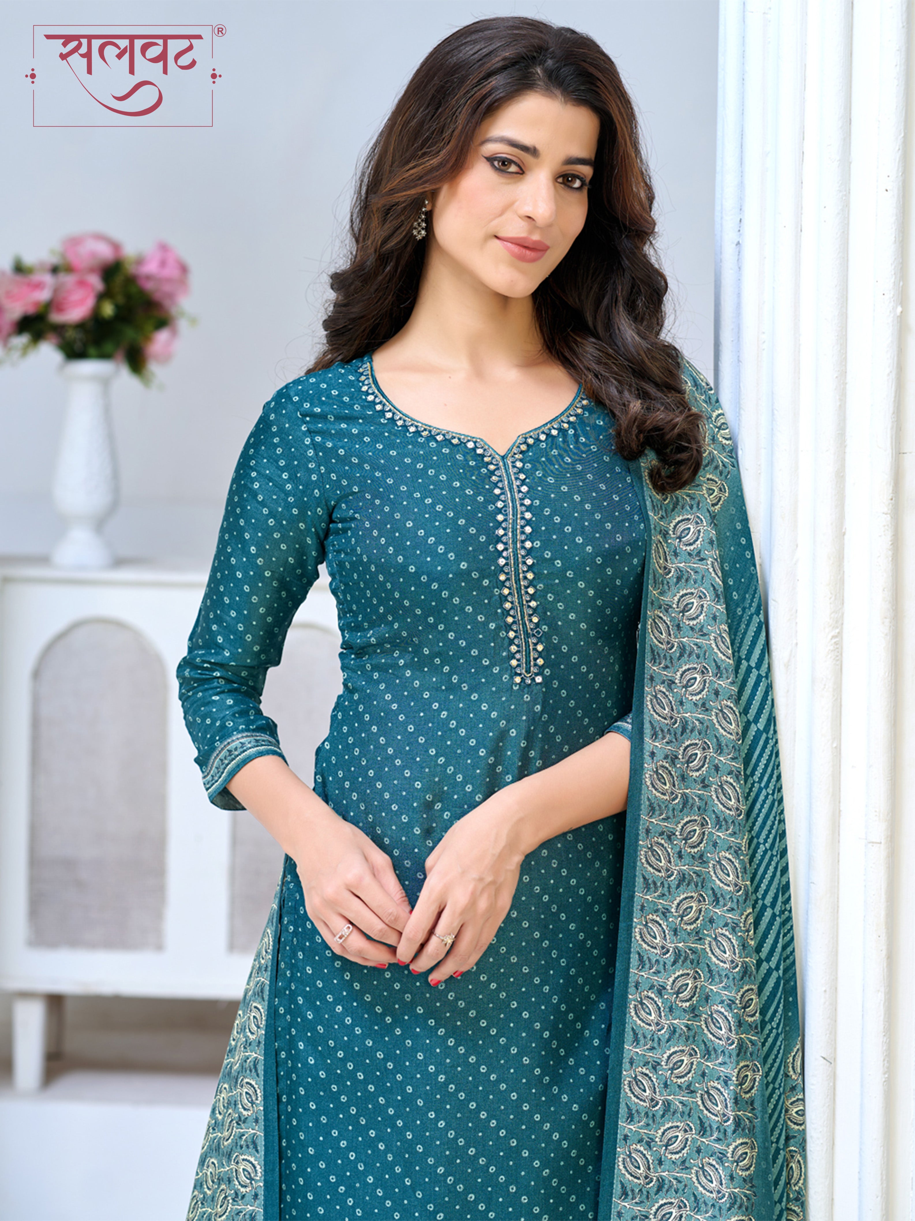 Teal Blue Viscose Kurta Set with Intricate Printed Detailing, Paired with Solid Bottom and Jacquard Dupatta