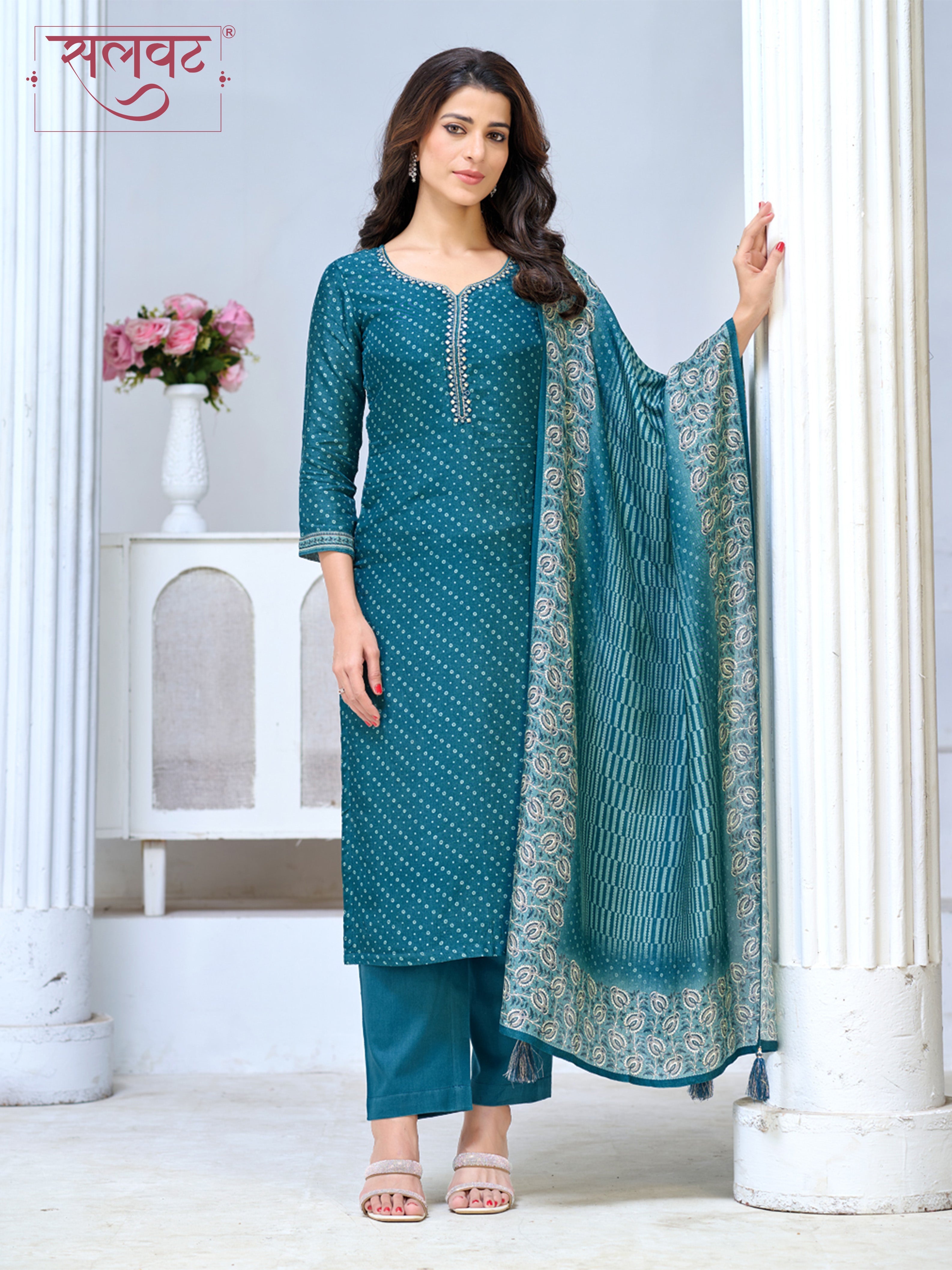 Teal Blue Viscose Kurta Set with Intricate Printed Detailing, Paired with Solid Bottom and Jacquard Dupatta