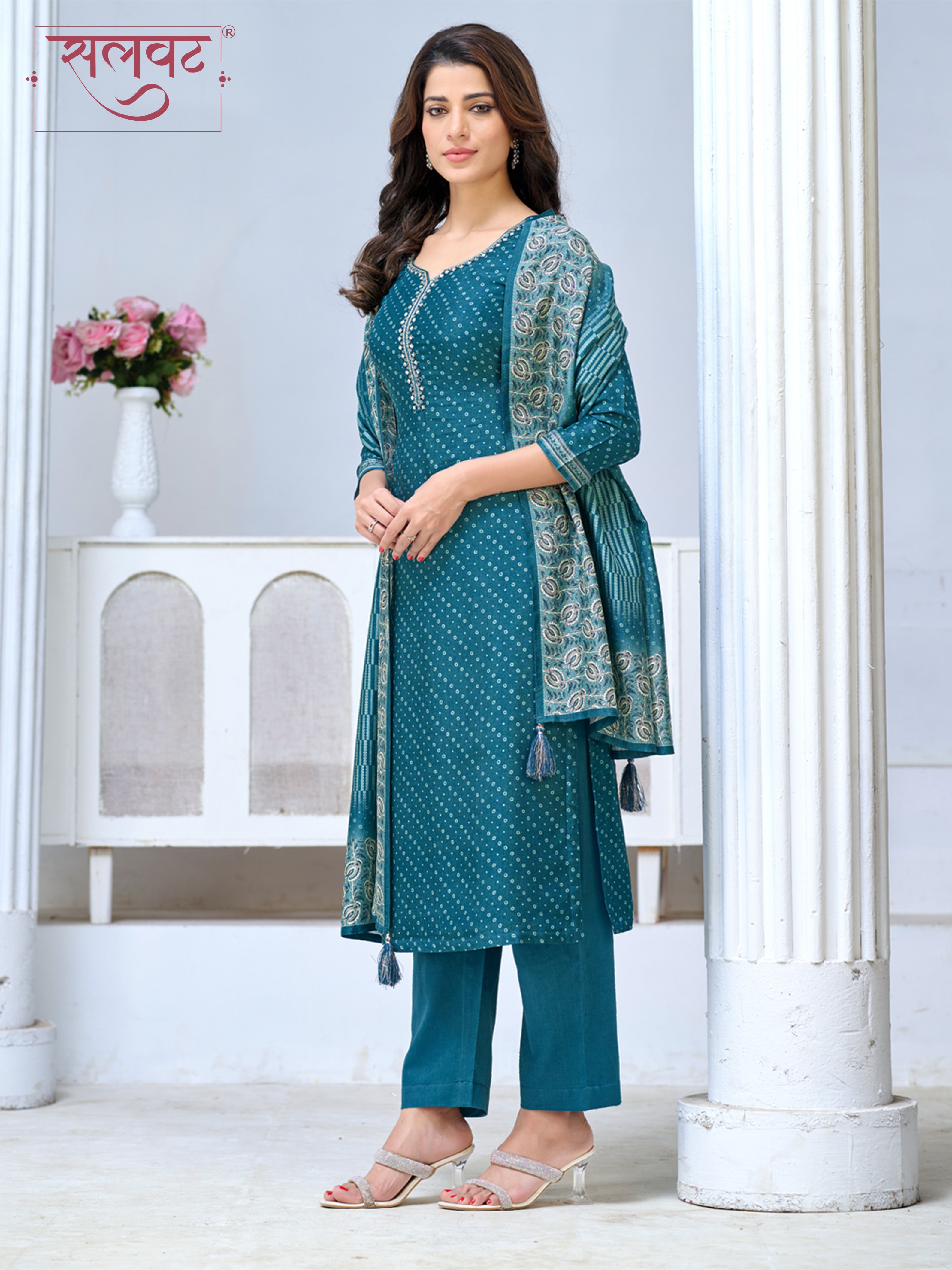 Teal Blue Viscose Kurta Set with Intricate Printed Detailing, Paired with Solid Bottom and Jacquard Dupatta