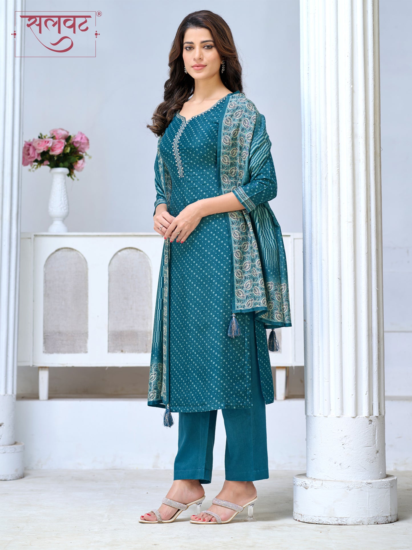 Teal Blue Viscose Kurta Set with Intricate Printed Detailing, Paired with Solid Bottom and Jacquard Dupatta