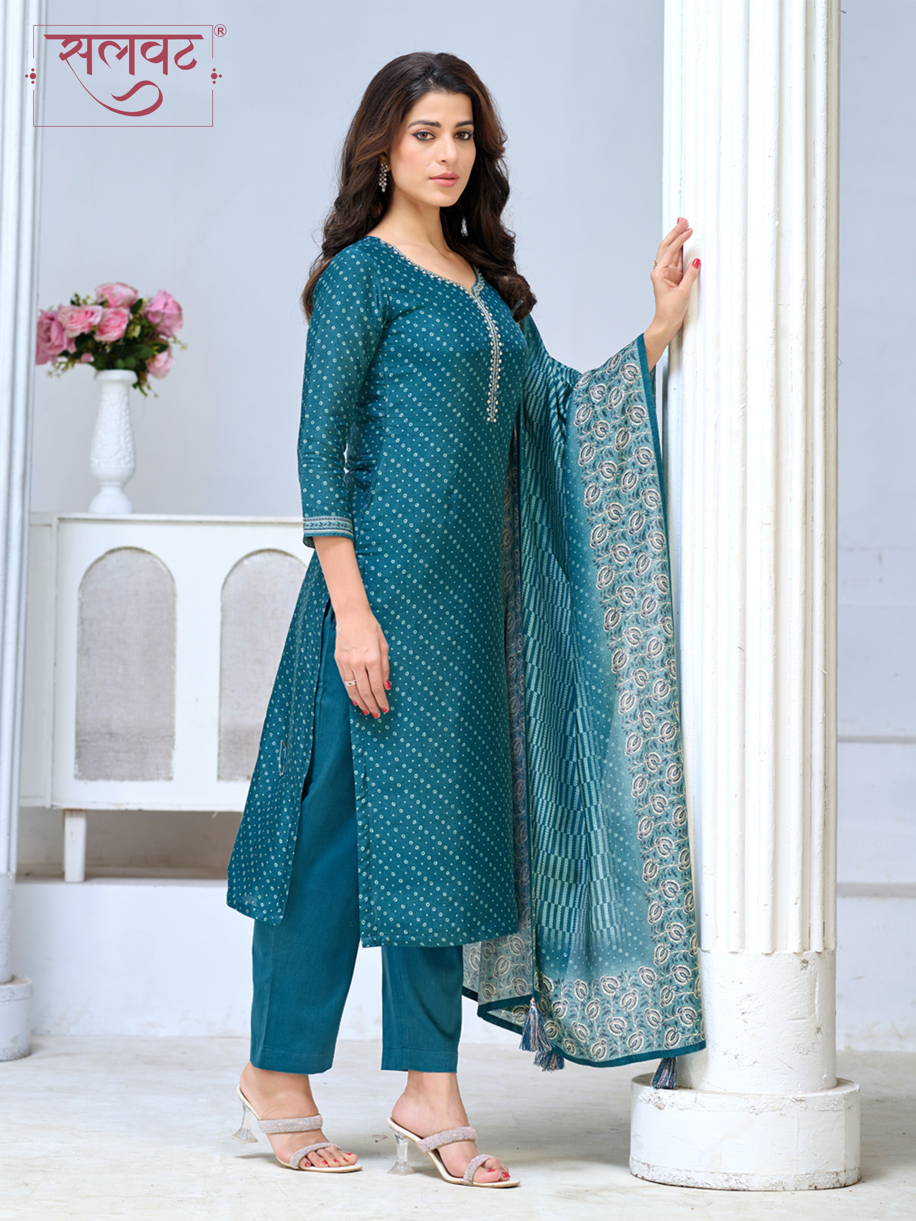 Teal Blue Viscose Kurta Set with Intricate Printed Detailing, Paired with Solid Bottom and Jacquard Dupatta