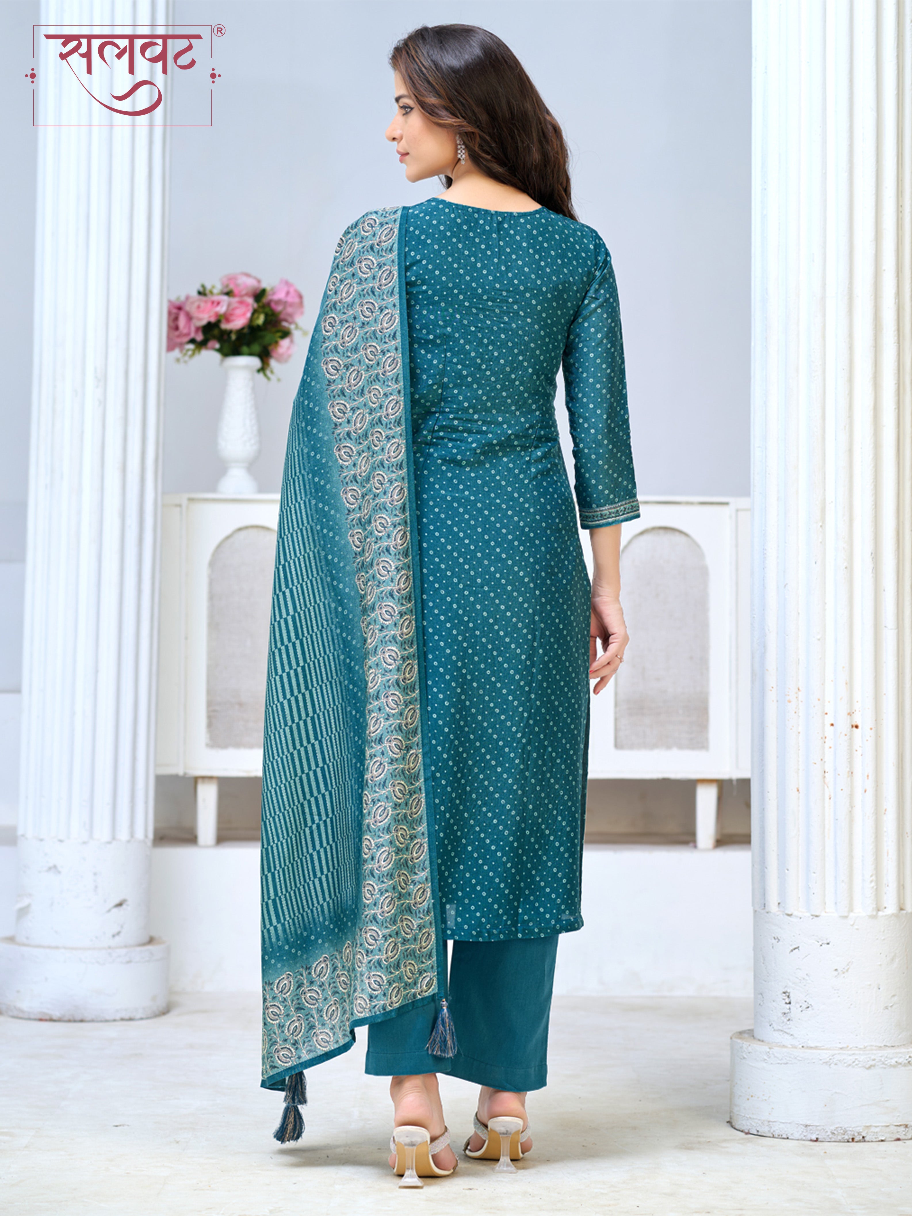 Teal Blue Viscose Kurta Set with Intricate Printed Detailing, Paired with Solid Bottom and Jacquard Dupatta