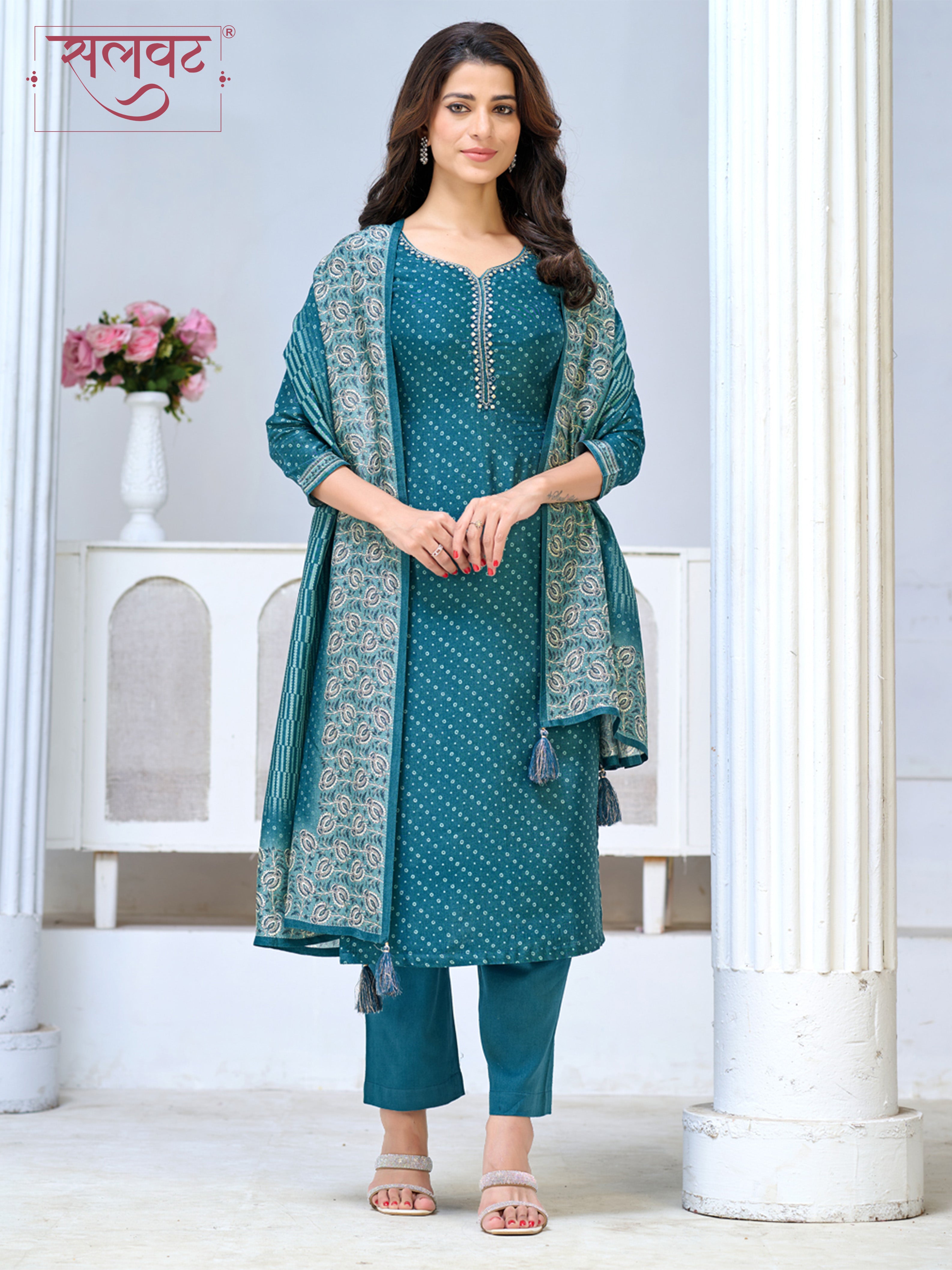 Teal Blue Viscose Kurta Set with Intricate Printed Detailing, Paired with Solid Bottom and Jacquard Dupatta