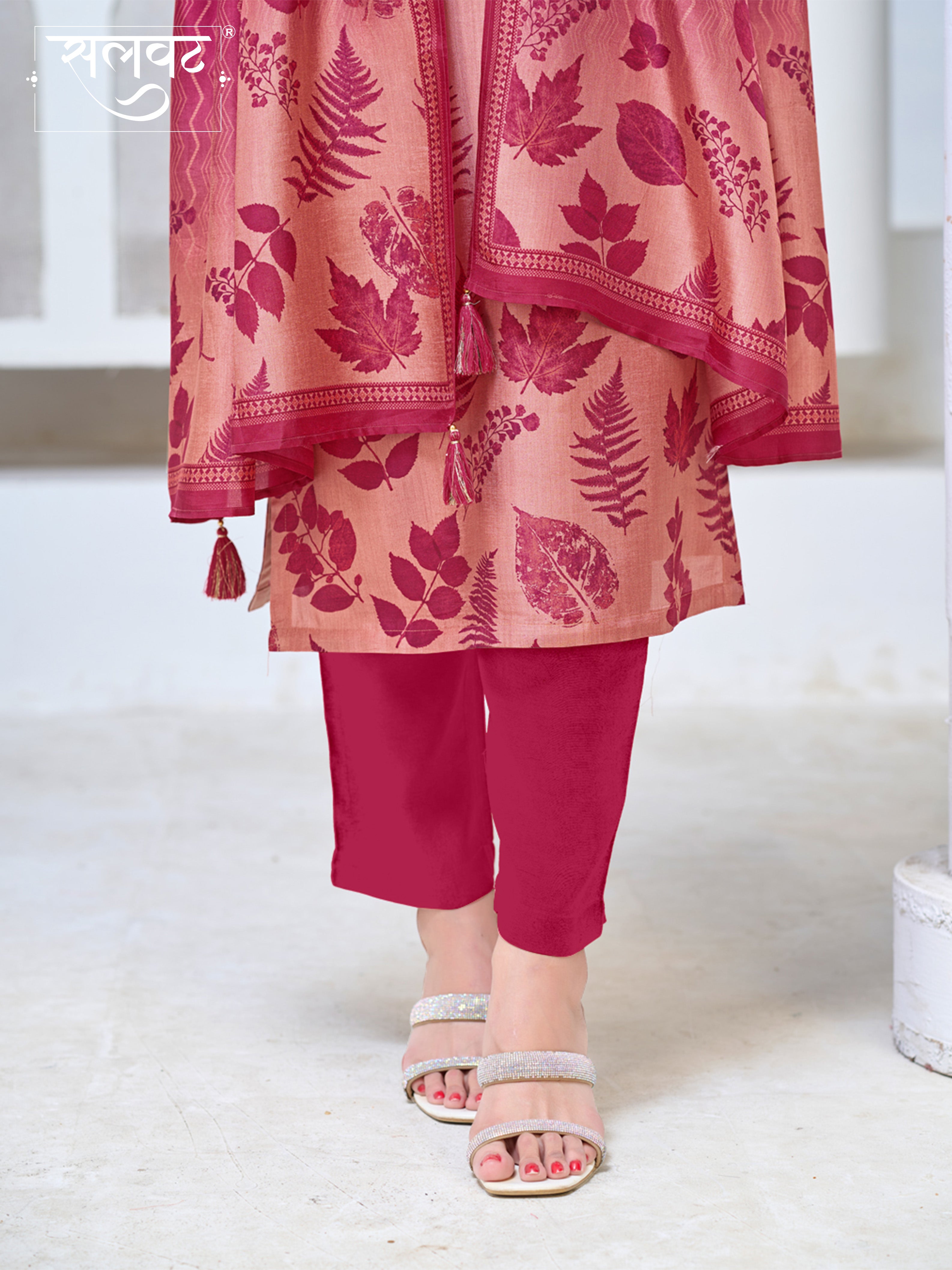 Blush Pink Viscose Kurta Set with All Over Printed Work, Paired with Cambric Cotton Bottom and a Matching Viscose Dupatta