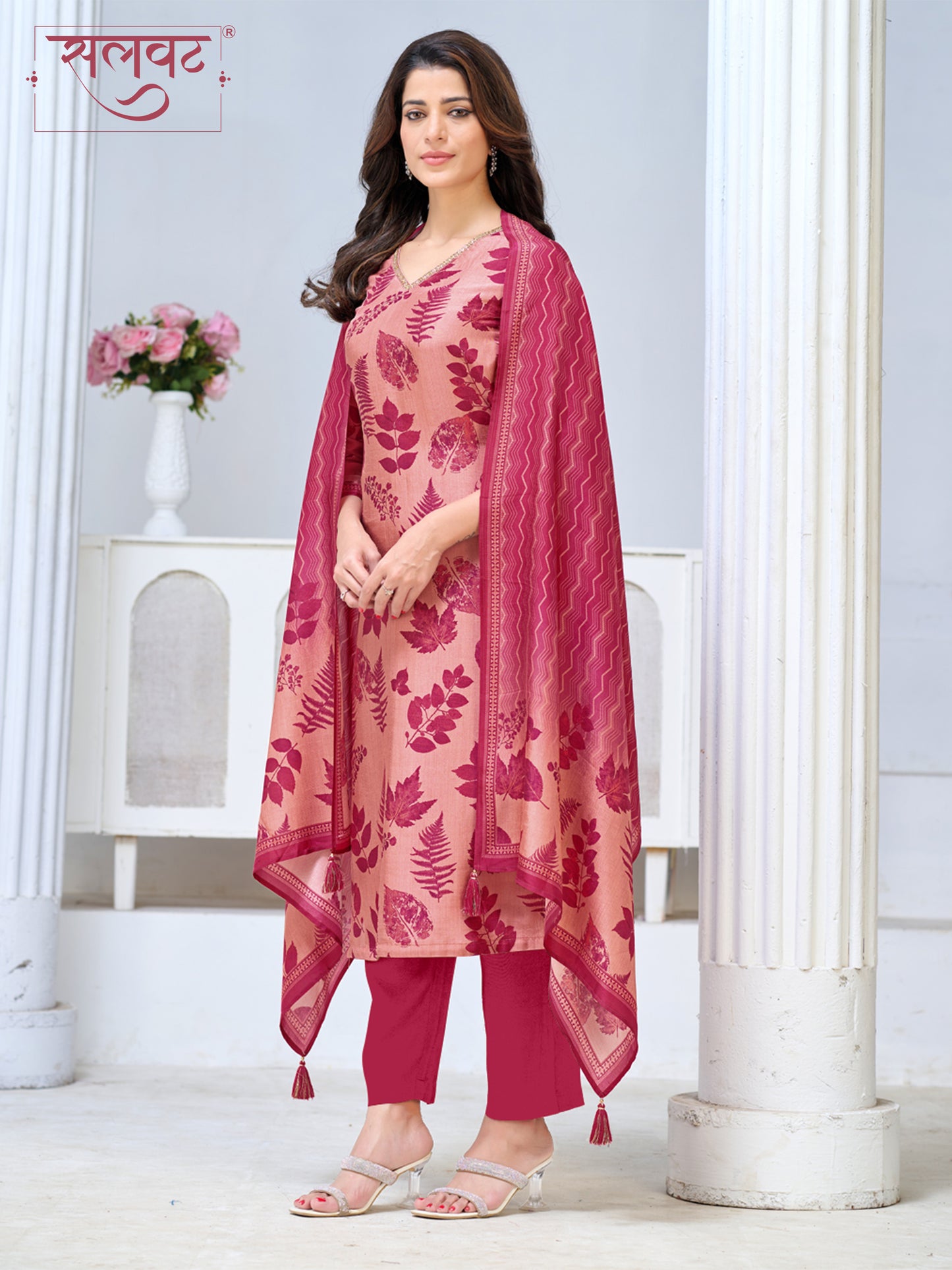 Blush Pink Viscose Kurta Set with All Over Printed Work, Paired with Cambric Cotton Bottom and a Matching Viscose Dupatta