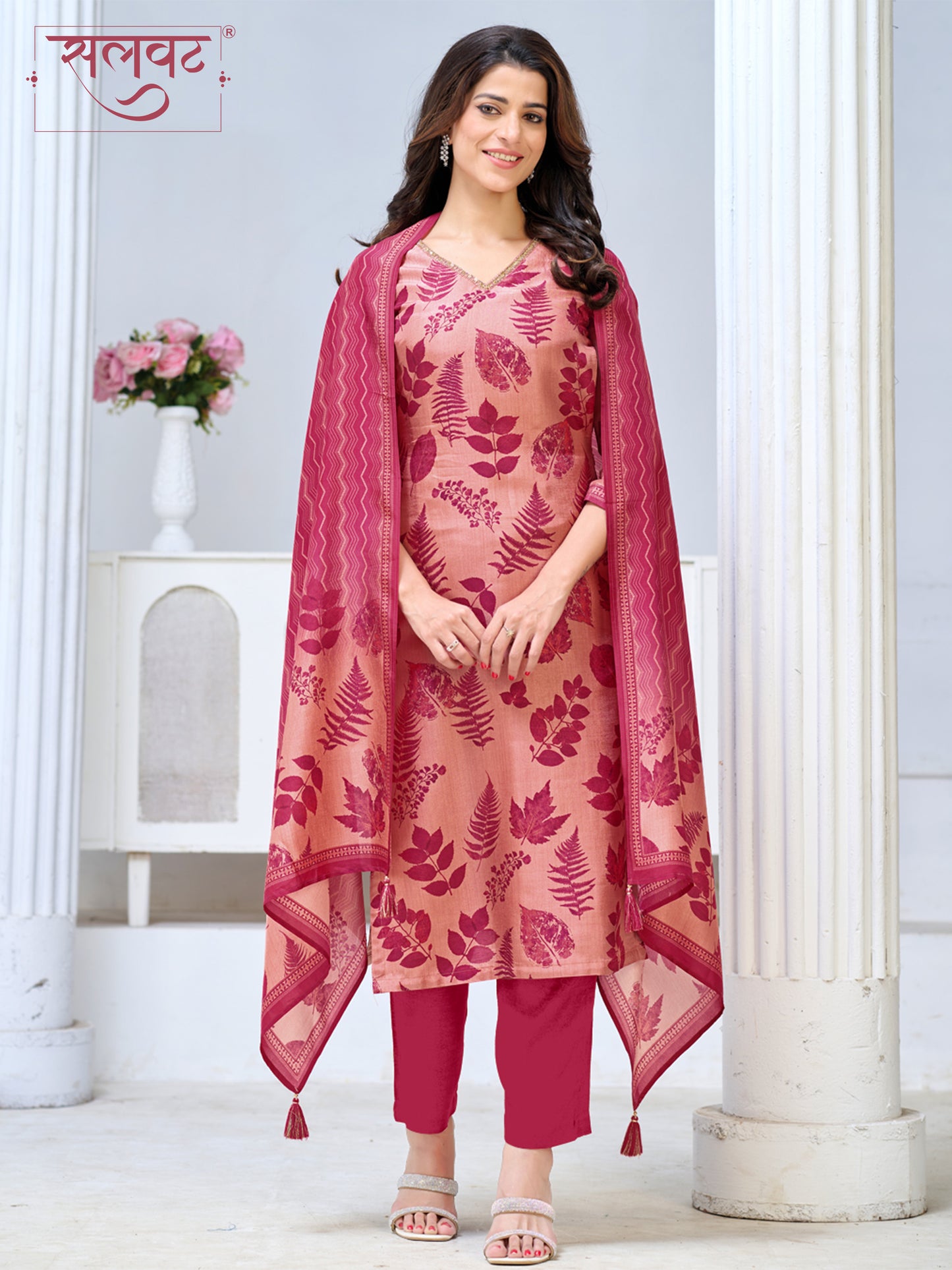 Blush Pink Viscose Kurta Set with All Over Printed Work, Paired with Cambric Cotton Bottom and a Matching Viscose Dupatta