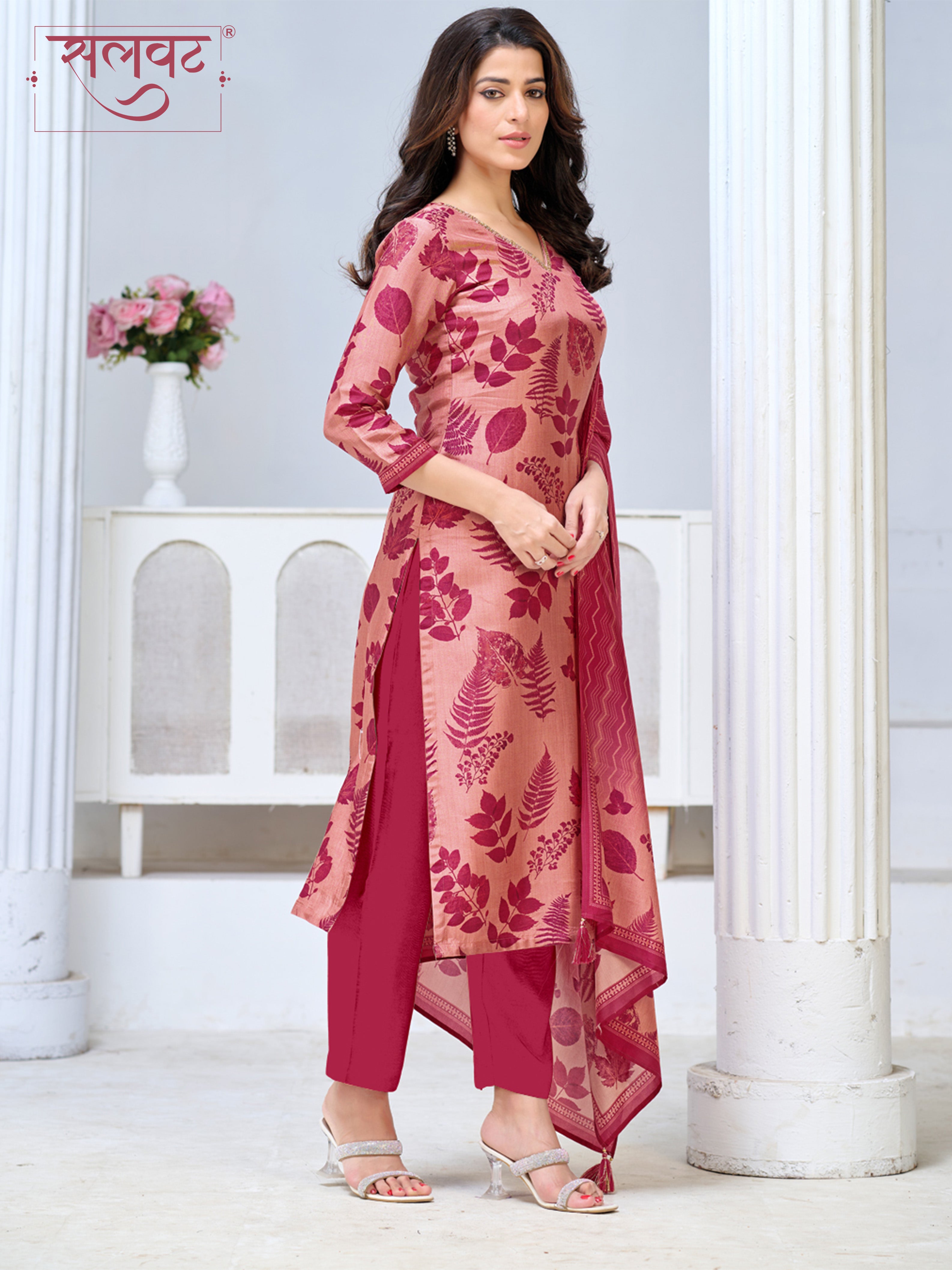 Blush Pink Viscose Kurta Set with All Over Printed Work, Paired with Cambric Cotton Bottom and a Matching Viscose Dupatta