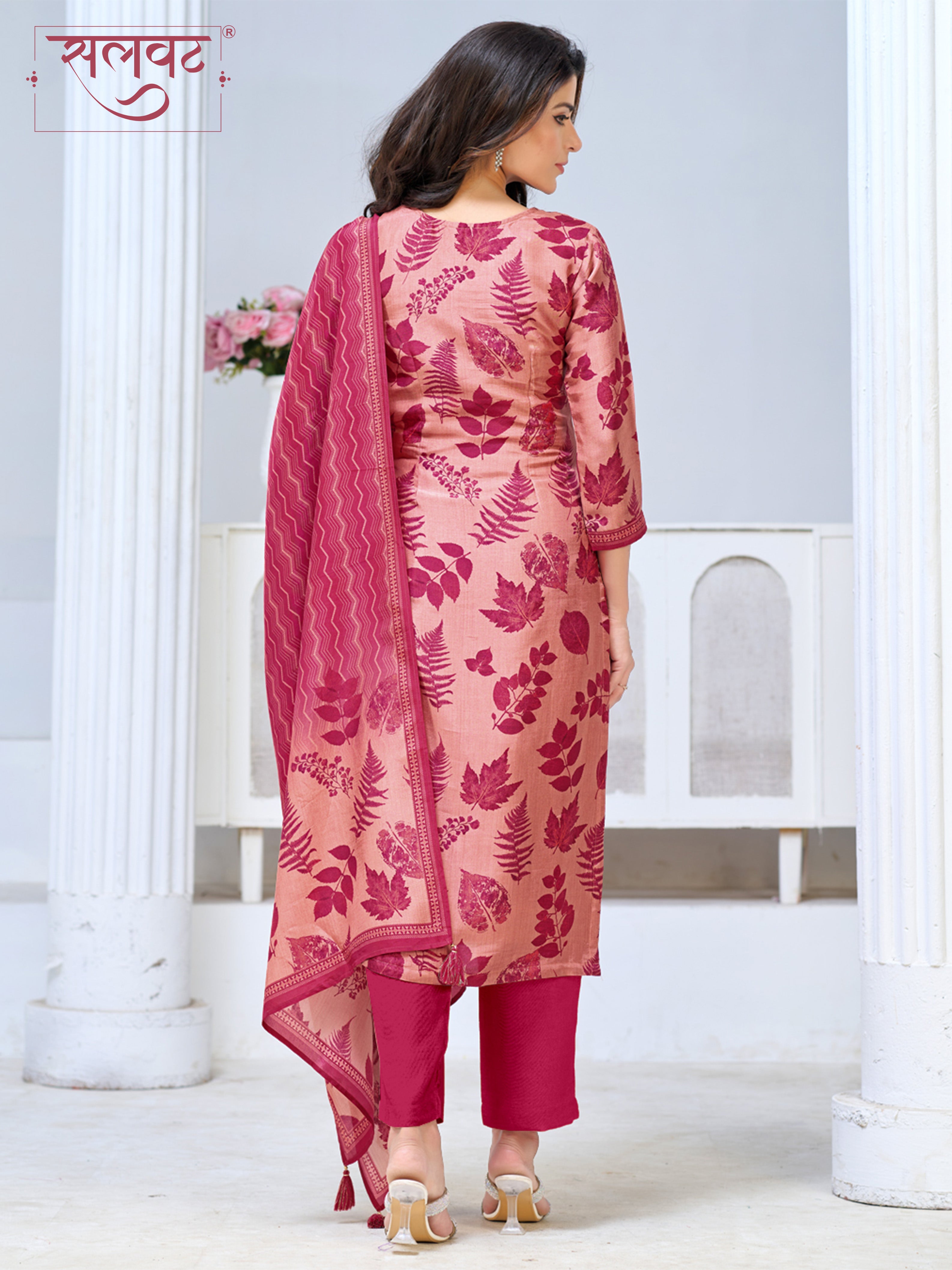 Blush Pink Viscose Kurta Set with All Over Printed Work, Paired with Cambric Cotton Bottom and a Matching Viscose Dupatta