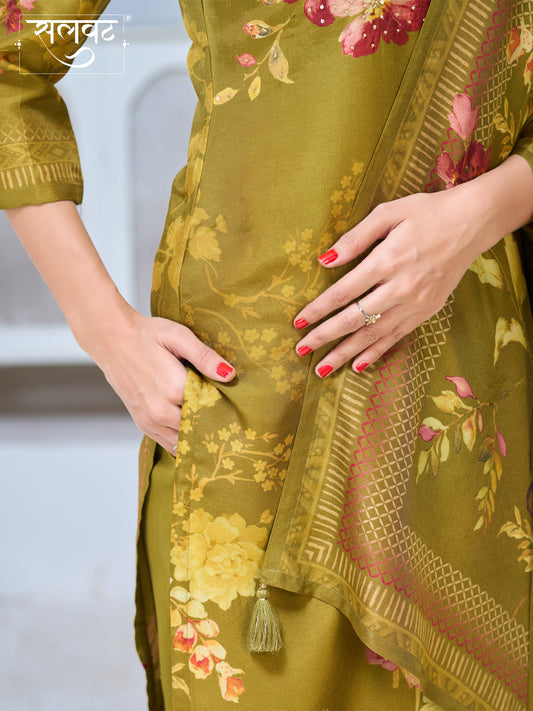 Olive Green Viscose Kurta Set with Elegant Floral Printed Work, Paired with Cambric Cotton Bottom and a Matching Viscose Dupatta