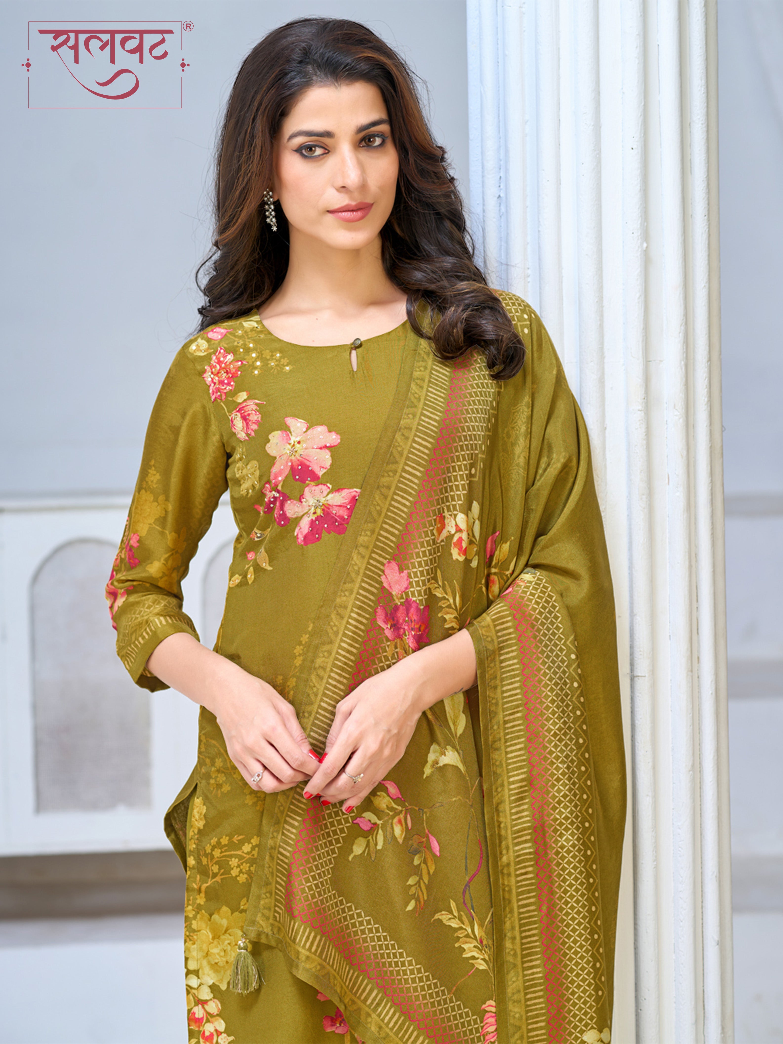 Olive Green Viscose Kurta Set with Elegant Floral Printed Work, Paired with Cambric Cotton Bottom and a Matching Viscose Dupatta