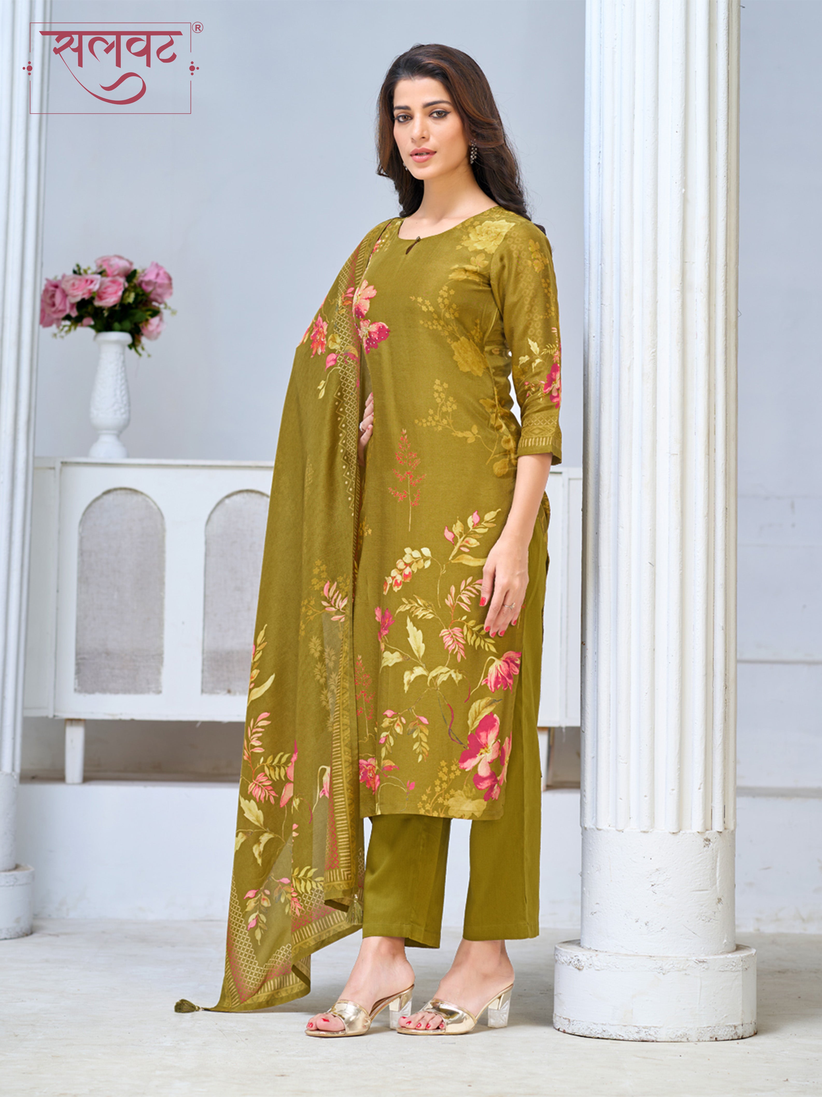 Olive Green Viscose Kurta Set with Elegant Floral Printed Work, Paired with Cambric Cotton Bottom and a Matching Viscose Dupatta