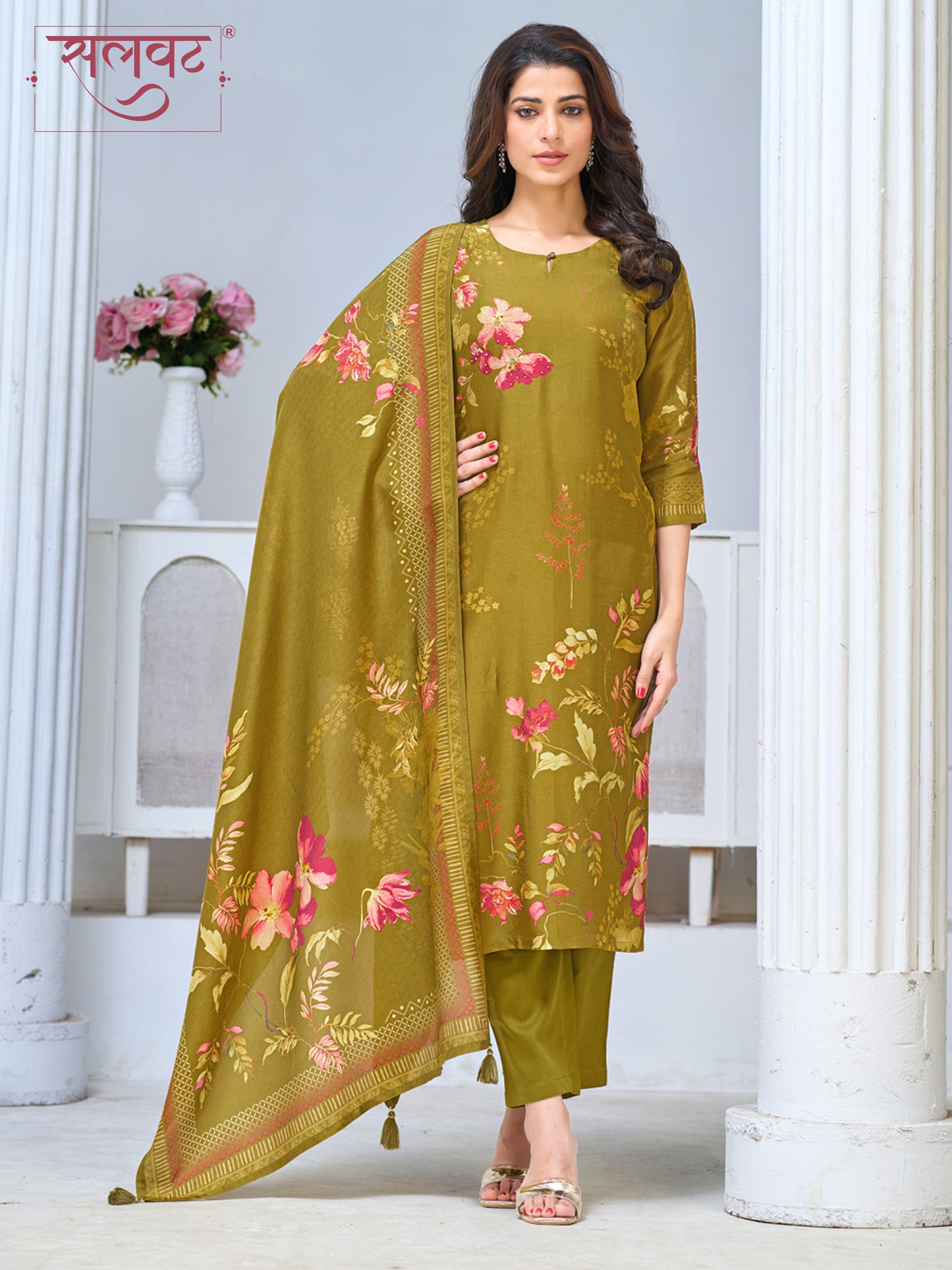 Olive Green Viscose Kurta Set with Elegant Floral Printed Work, Paired with Cambric Cotton Bottom and a Matching Viscose Dupatta