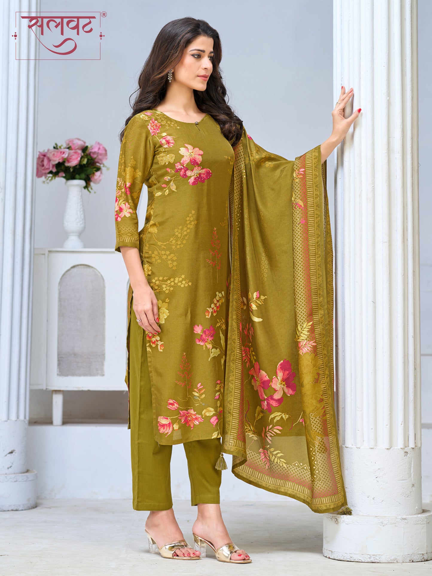 Olive Green Viscose Kurta Set with Elegant Floral Printed Work, Paired with Cambric Cotton Bottom and a Matching Viscose Dupatta