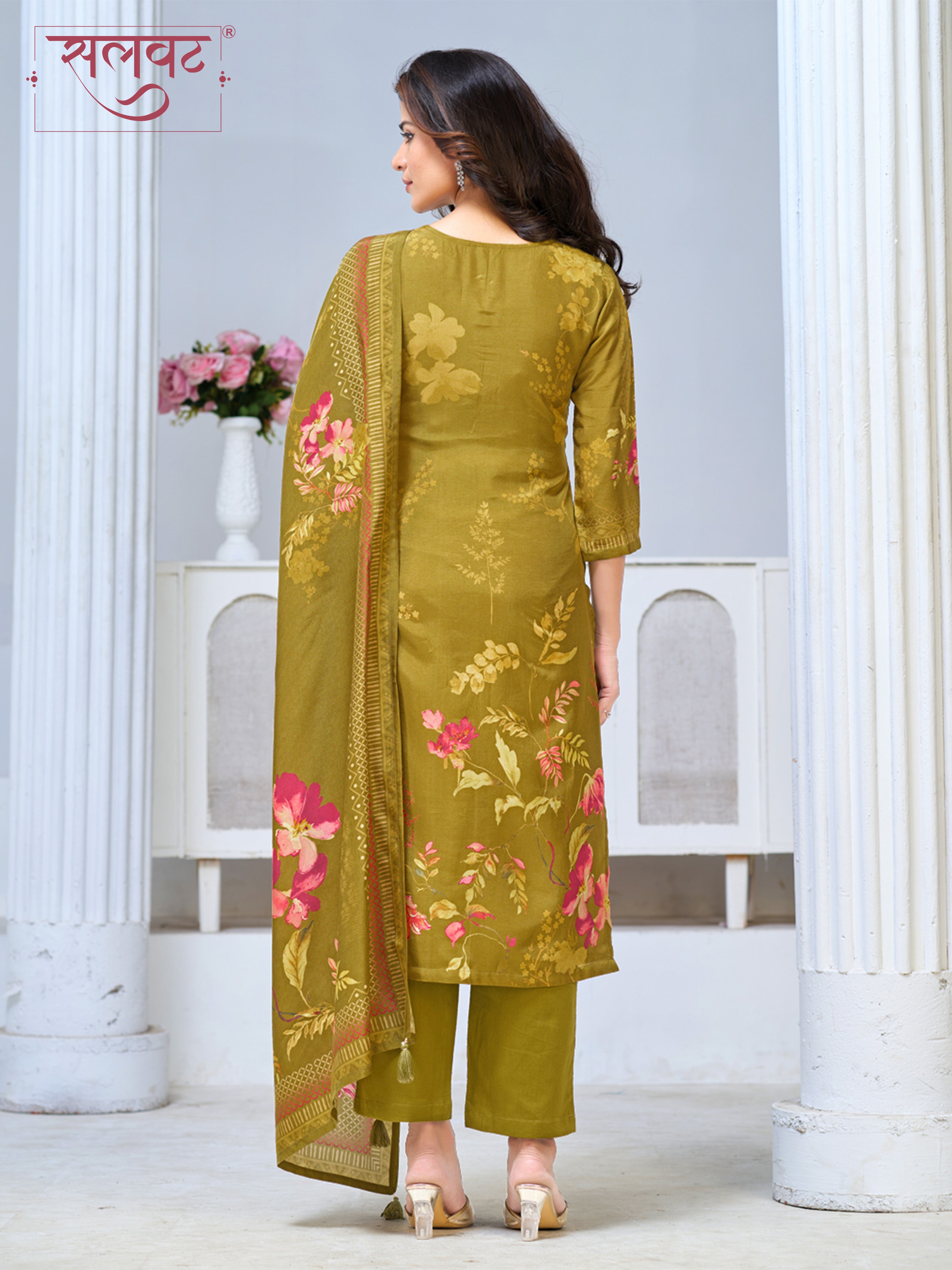 Olive Green Viscose Kurta Set with Elegant Floral Printed Work, Paired with Cambric Cotton Bottom and a Matching Viscose Dupatta