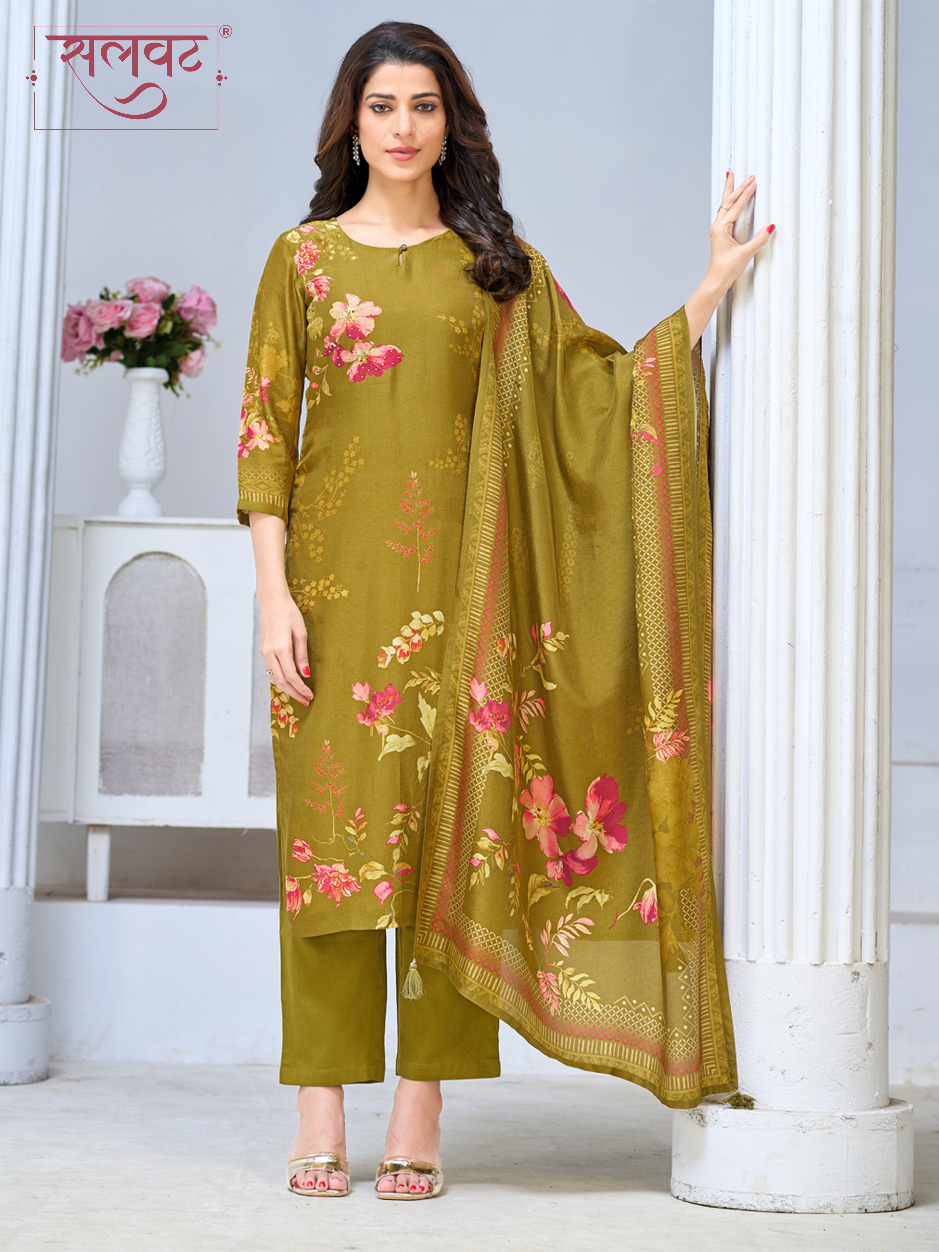 Olive Green Viscose Kurta Set with Elegant Floral Printed Work, Paired with Cambric Cotton Bottom and a Matching Viscose Dupatta