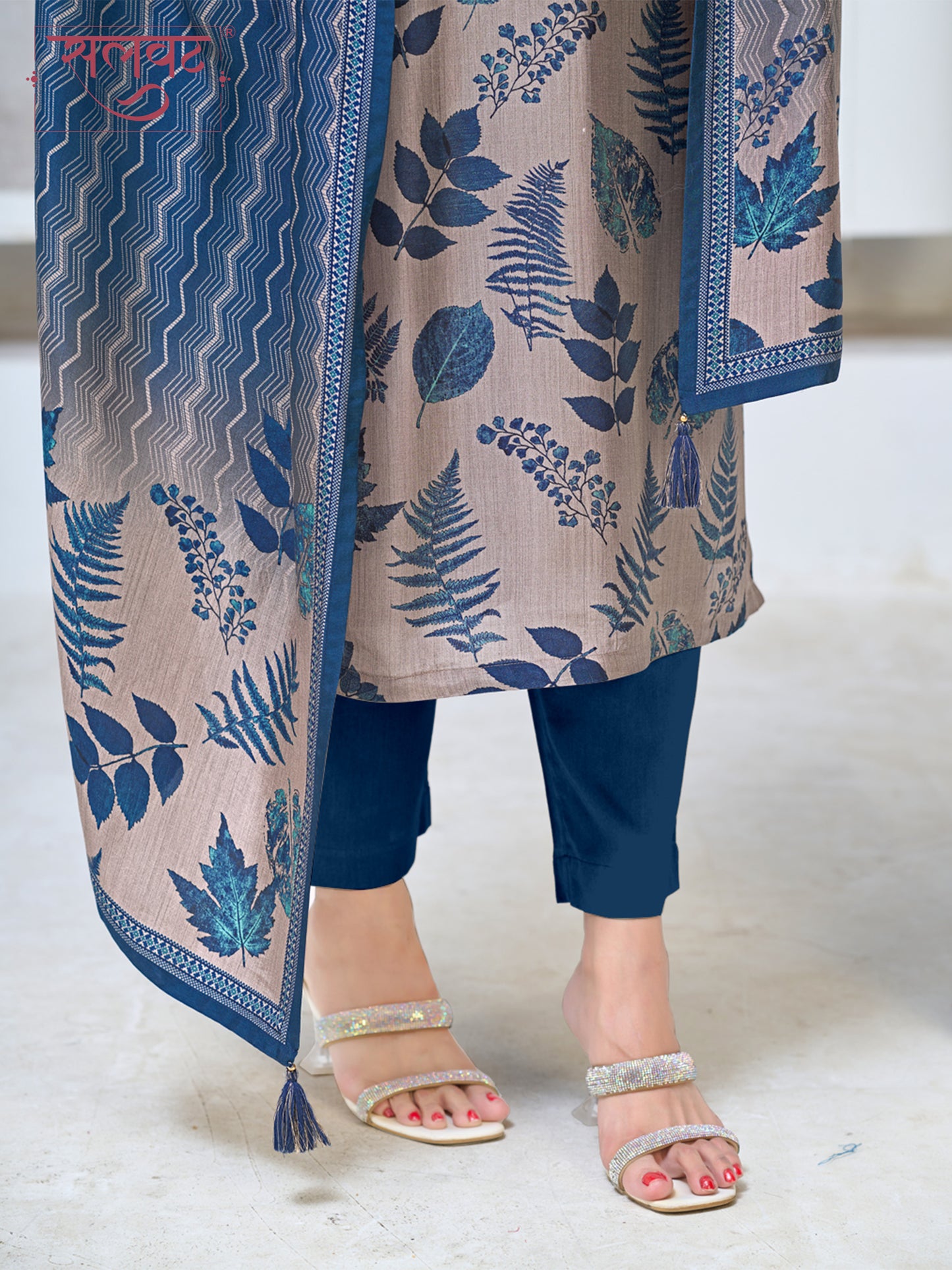 Beige Blue Viscose Kurta Set with All Over Leaf Printed Work, Paired with Cambric Cotton Bottom and a Matching Viscose Dupatta