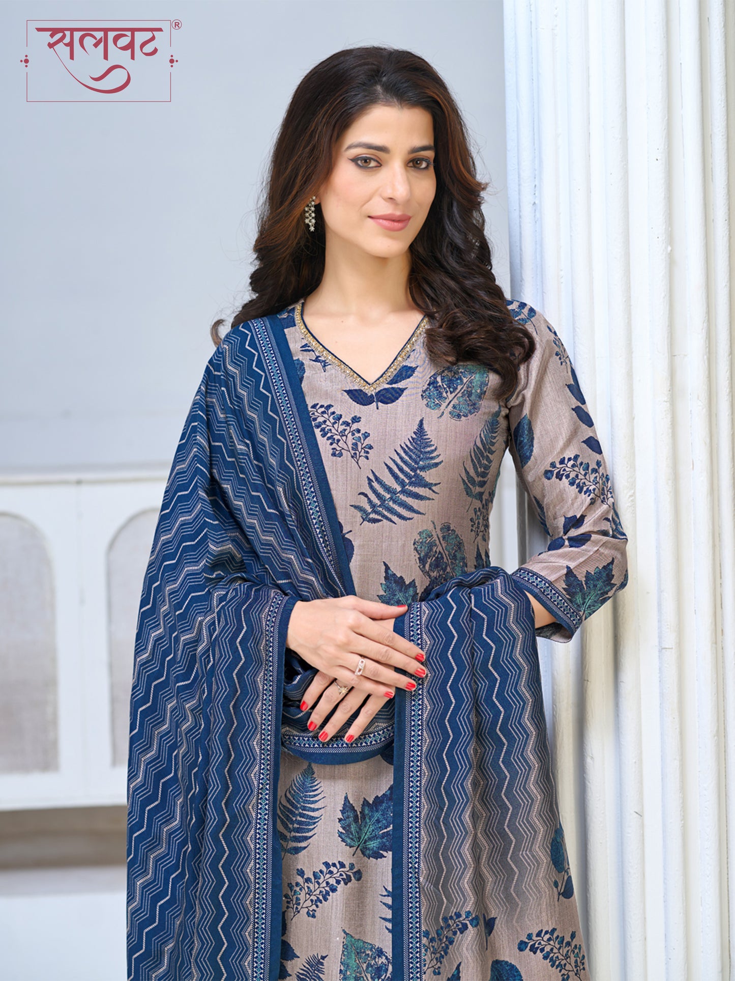 Beige Blue Viscose Kurta Set with All Over Leaf Printed Work, Paired with Cambric Cotton Bottom and a Matching Viscose Dupatta