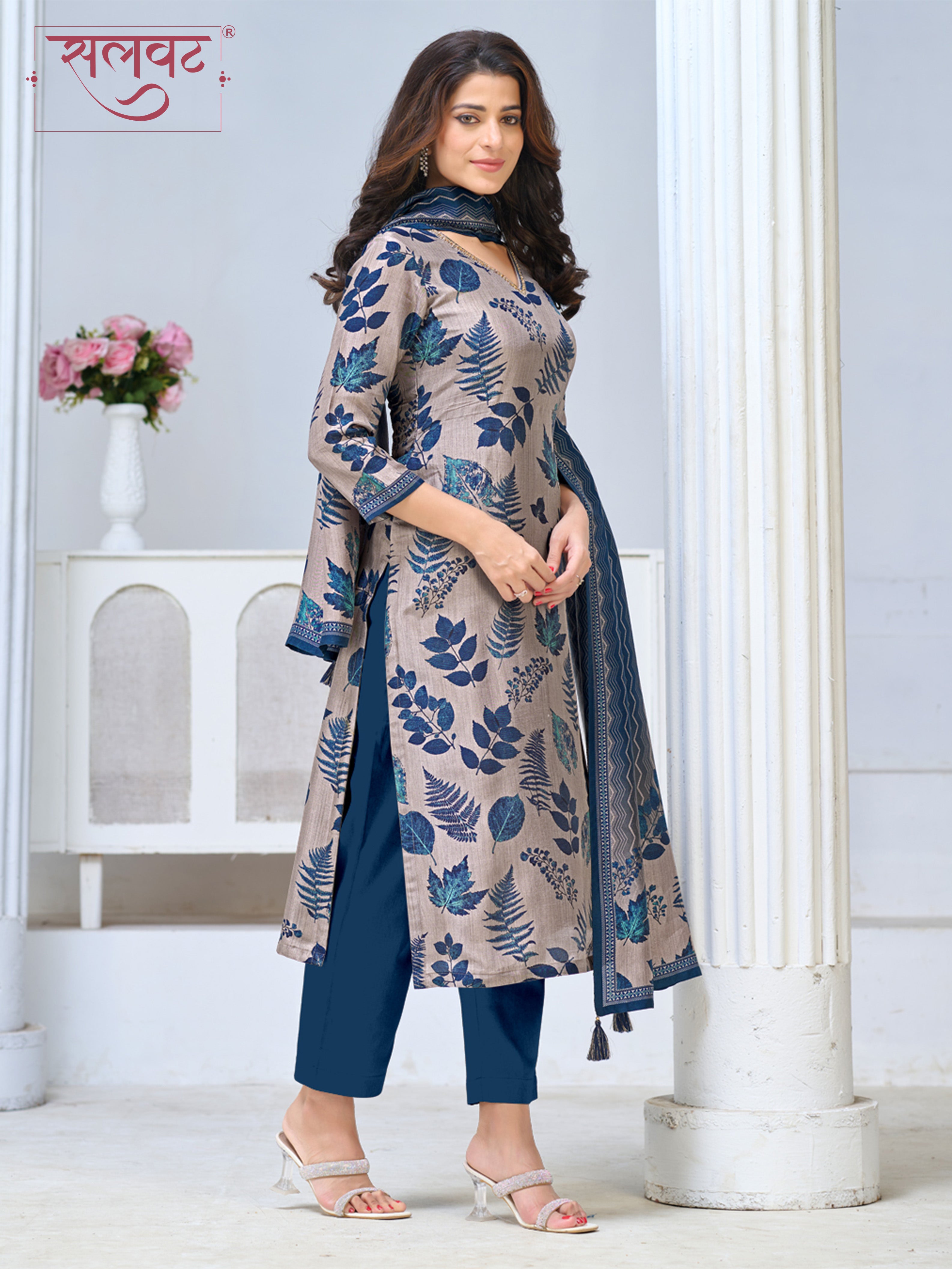 Beige Blue Viscose Kurta Set with All Over Leaf Printed Work, Paired with Cambric Cotton Bottom and a Matching Viscose Dupatta