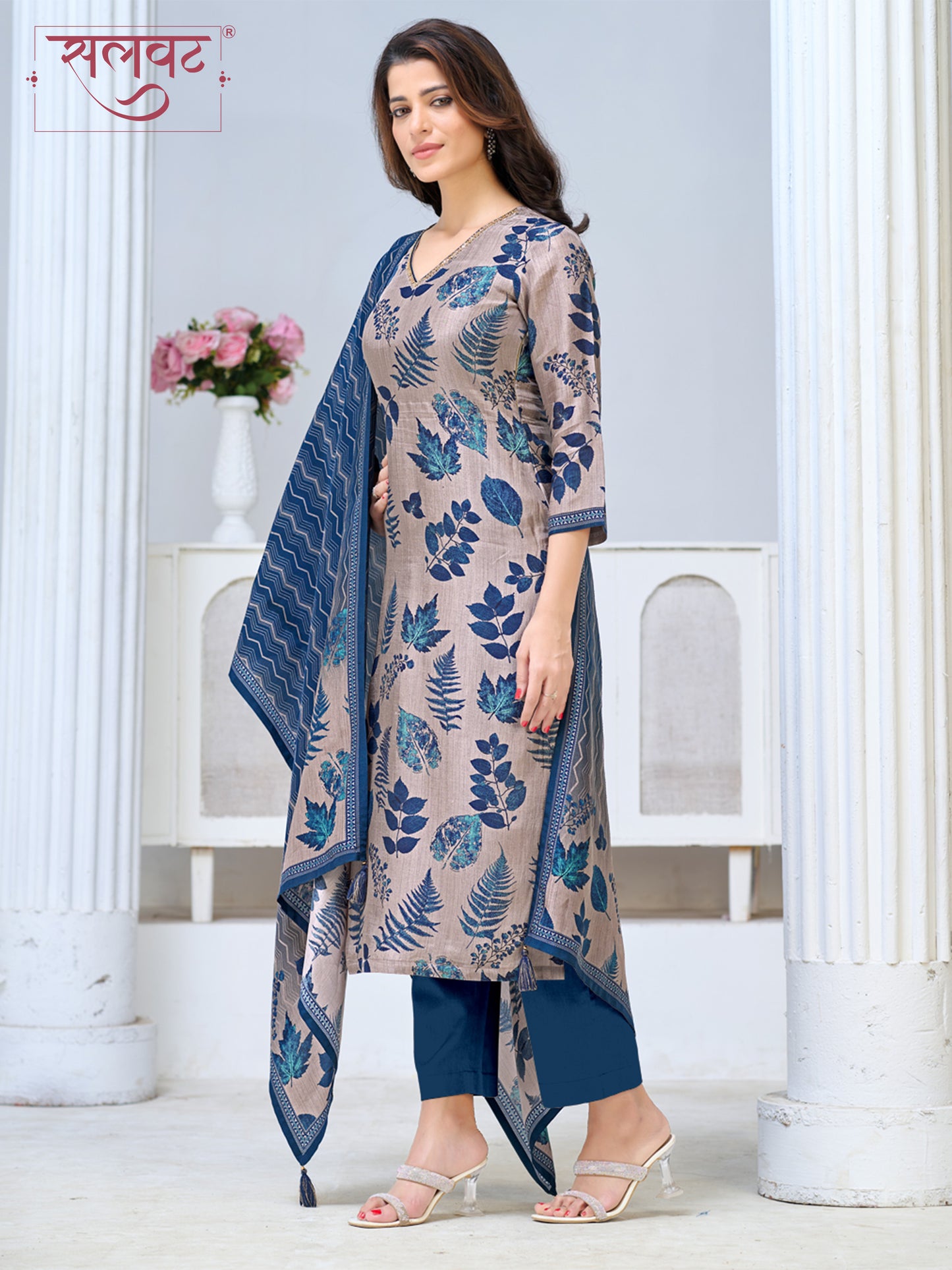 Beige Blue Viscose Kurta Set with All Over Leaf Printed Work, Paired with Cambric Cotton Bottom and a Matching Viscose Dupatta