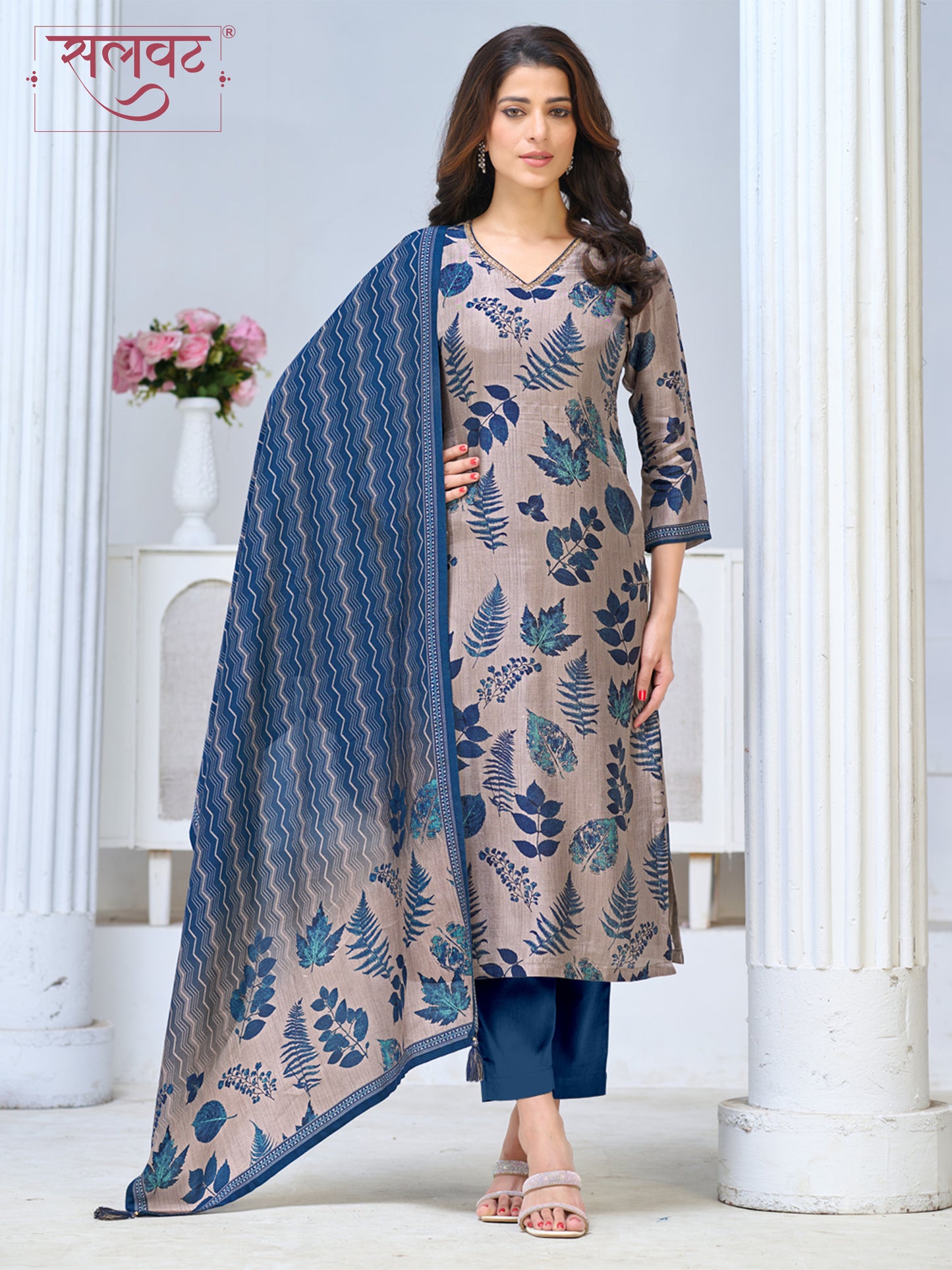 Beige Blue Viscose Kurta Set with All Over Leaf Printed Work, Paired with Cambric Cotton Bottom and a Matching Viscose Dupatta