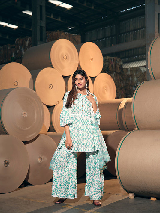 Turquoise & White Cotton Sharara Set