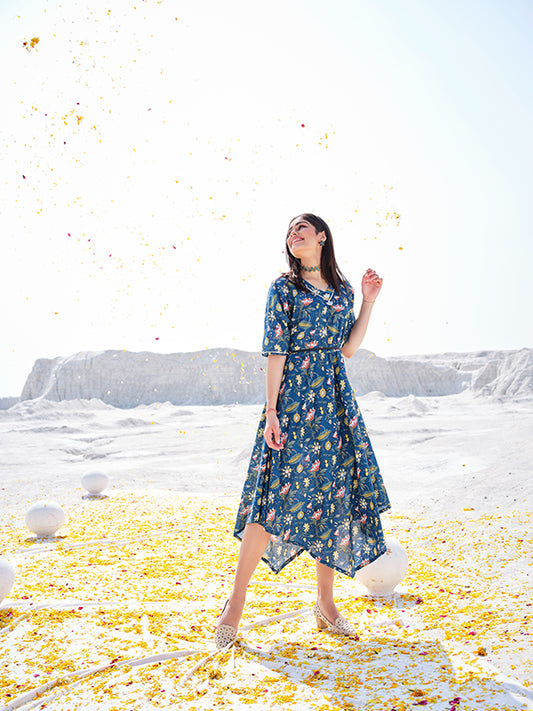 Blue Cotton Printed Midi Dress