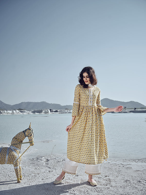 Golden Yellow Printed Peplum Kurta Set