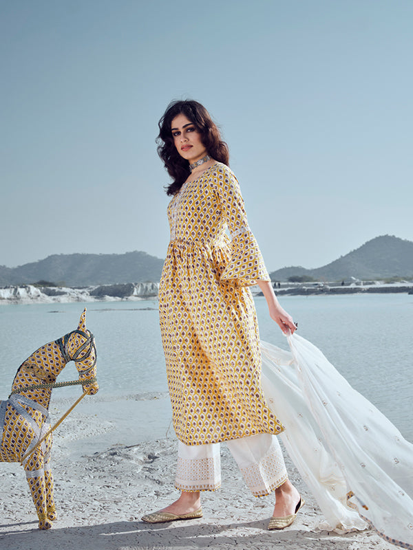 Golden Yellow Printed Peplum Kurta Set