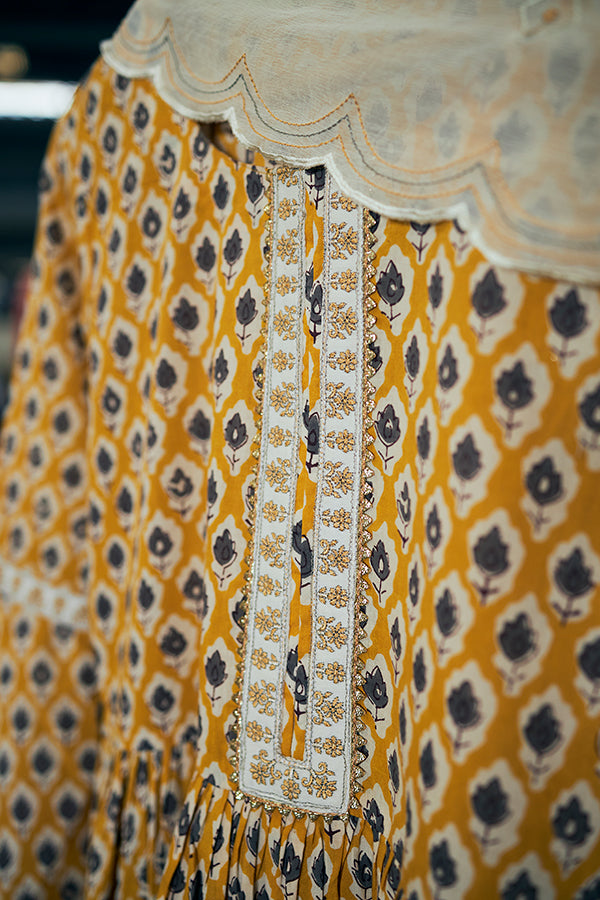 Golden Yellow Printed Peplum Kurta Set