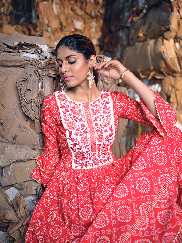 Ruby Red Flared and Embroidered Kurta Set