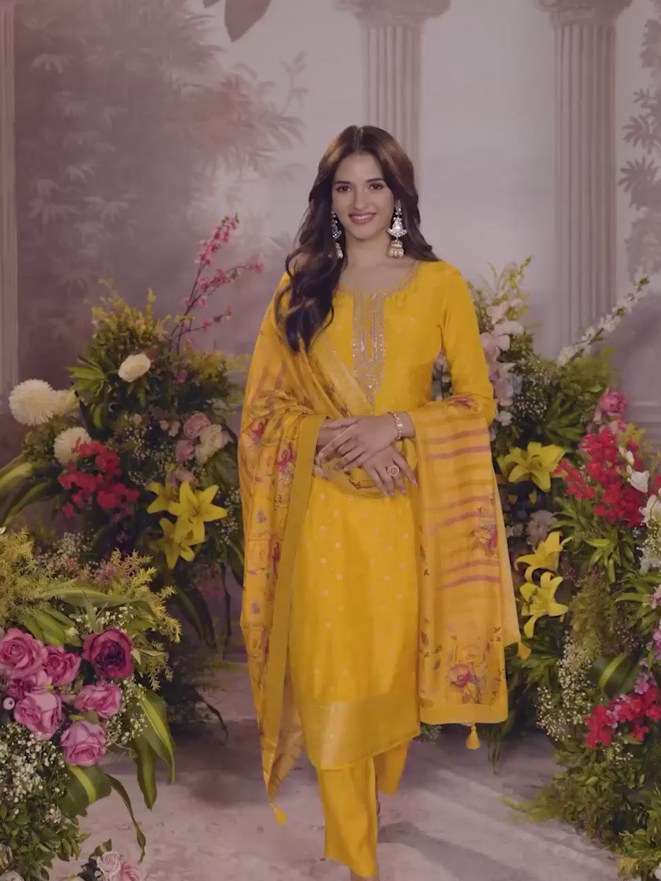 Yellow Dola Silk Kurta Set with Jacquard Detailing and Intricate Embroidery, Paired with a Cherry Silk Dupatta