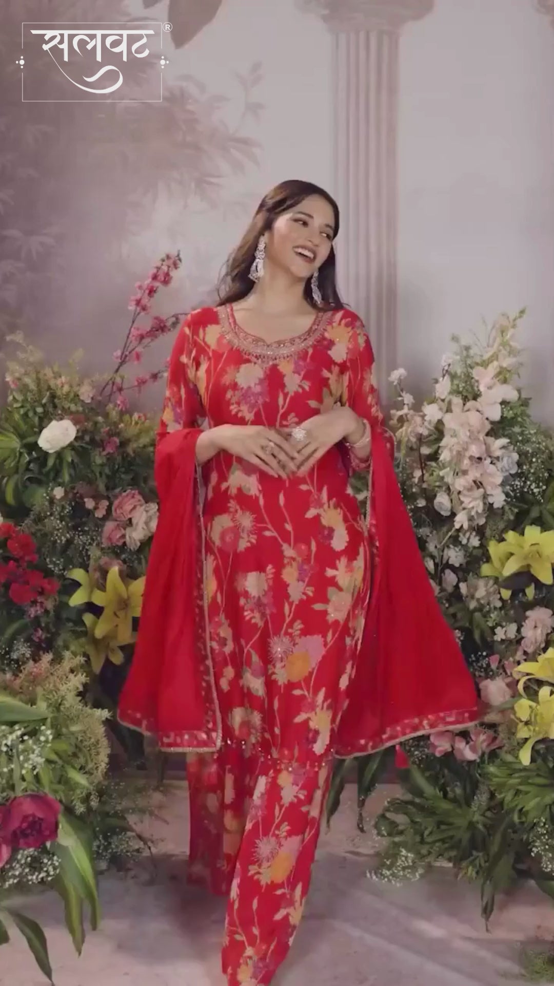Red Chinon Sharara Set with Floral Print and Embroidery
