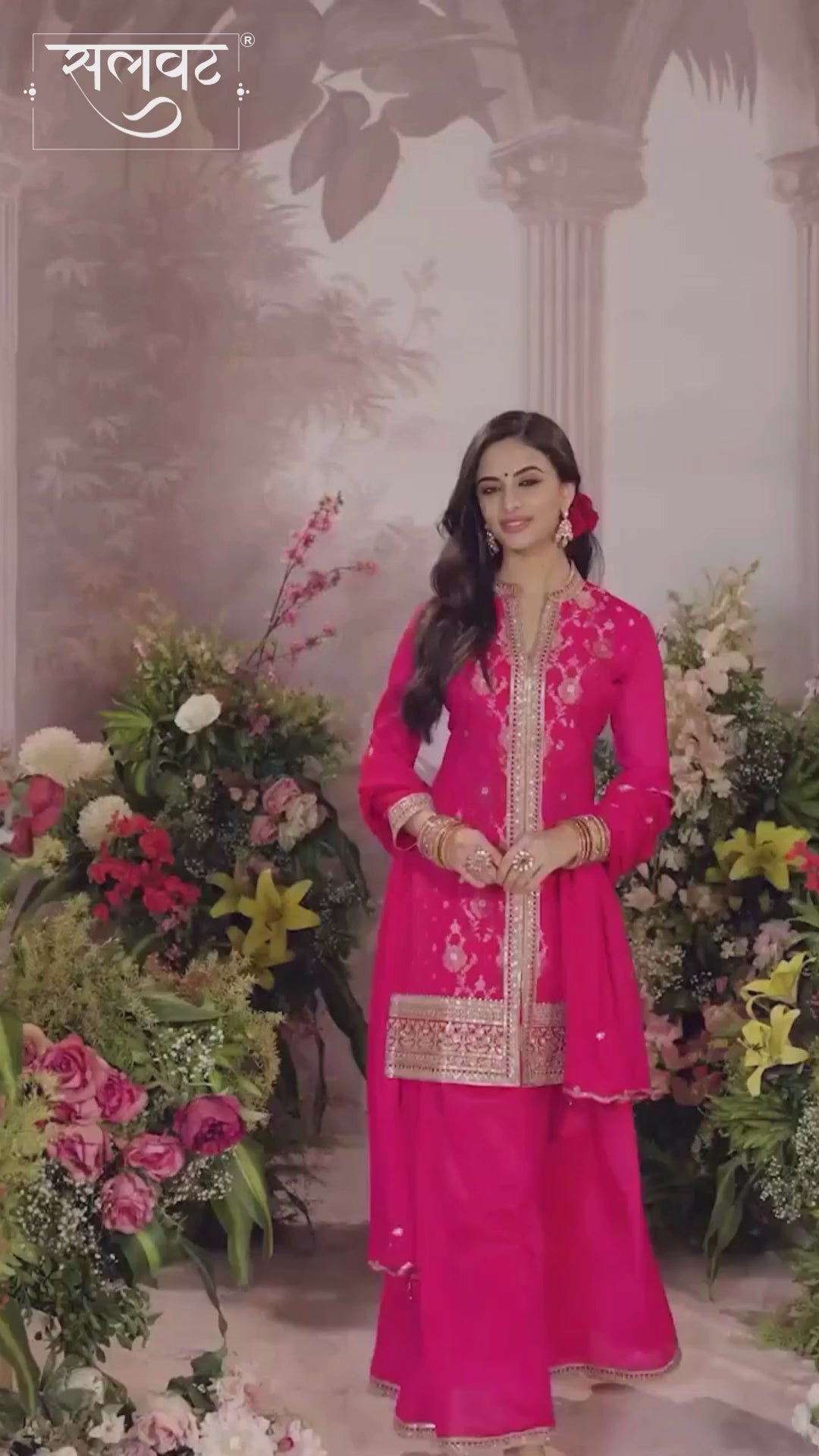 Hot Pink Chinon Kurta Set with Heavy Jacquard Work Paired with Chinon Dupatta with Embroidered Work.