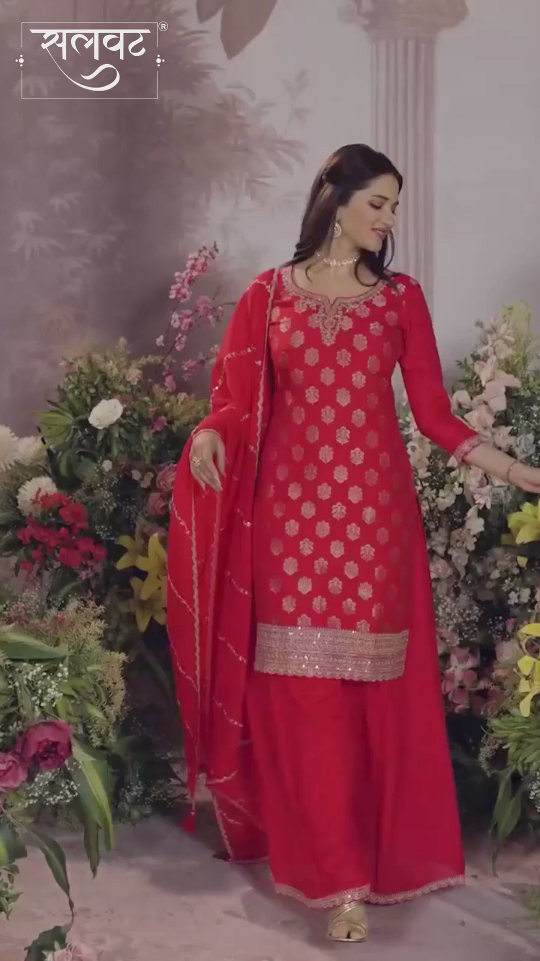 Red Dola Silk Meena Jacquard Kurta Set Paired With Embroidered Sharara Suit Set